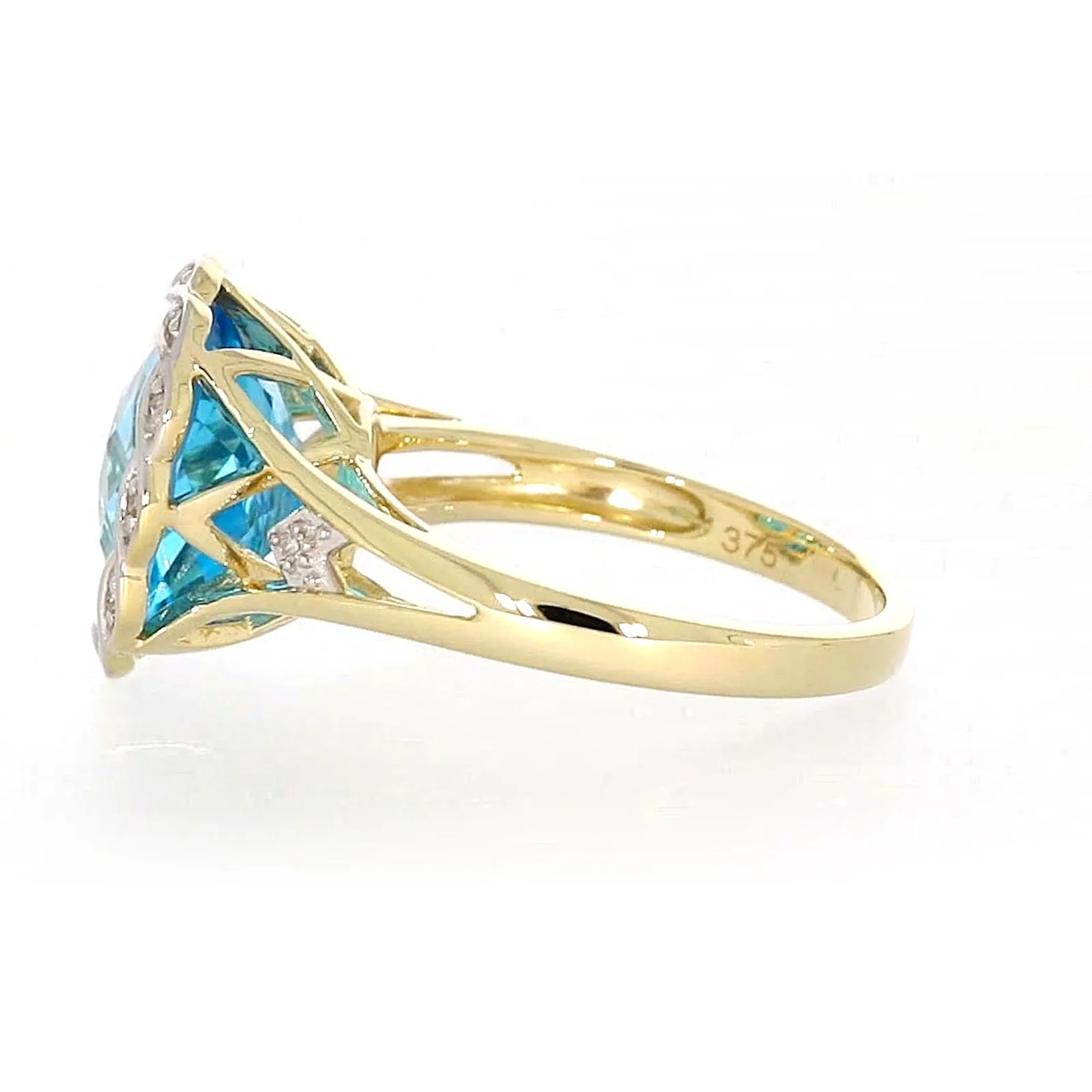 9ct Two Tone Gold Cushion & Round Brilliant Cut Blue Topaz & Diamond Set Ring Ring