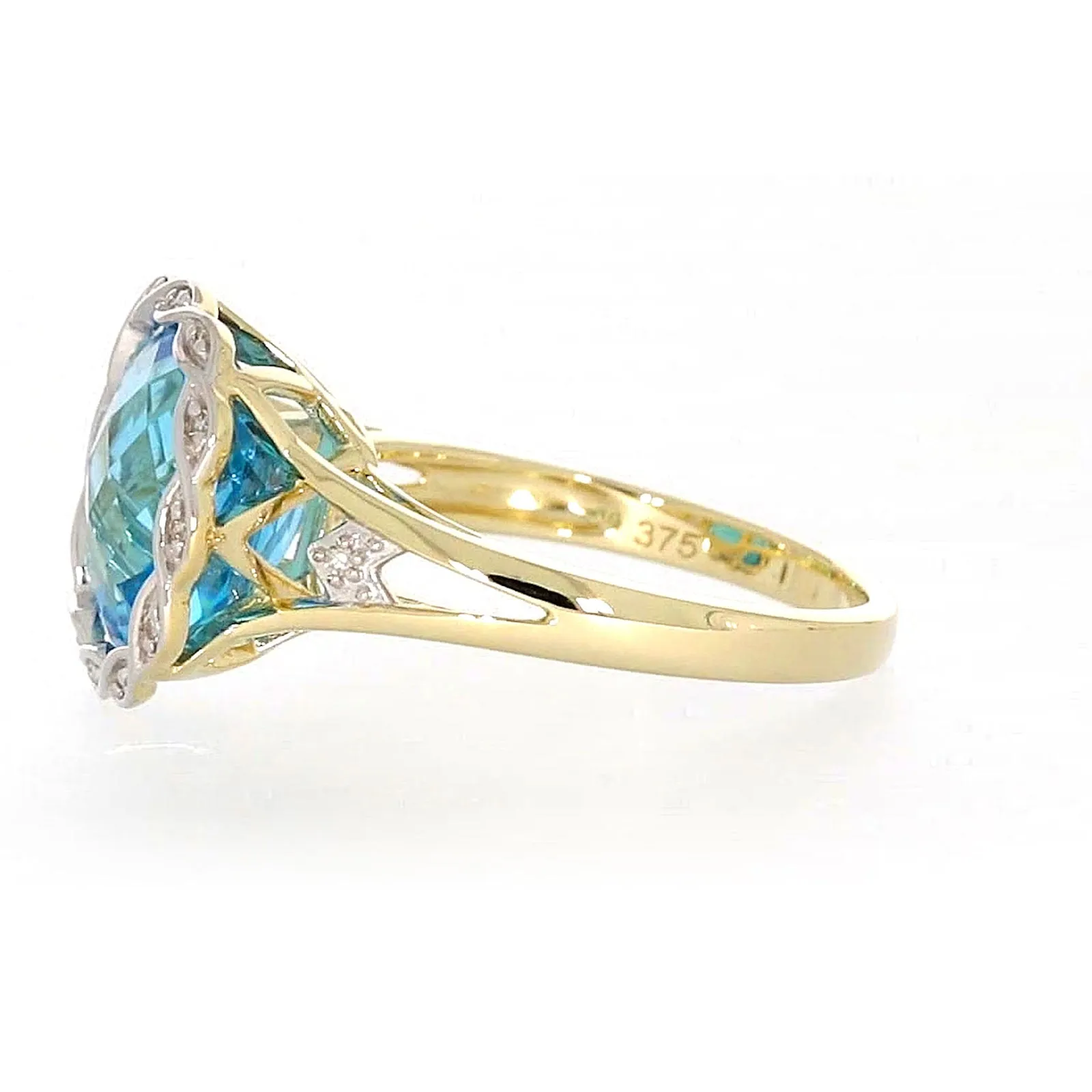 9ct Two Tone Gold Cushion & Round Brilliant Cut Blue Topaz & Diamond Set Ring Ring