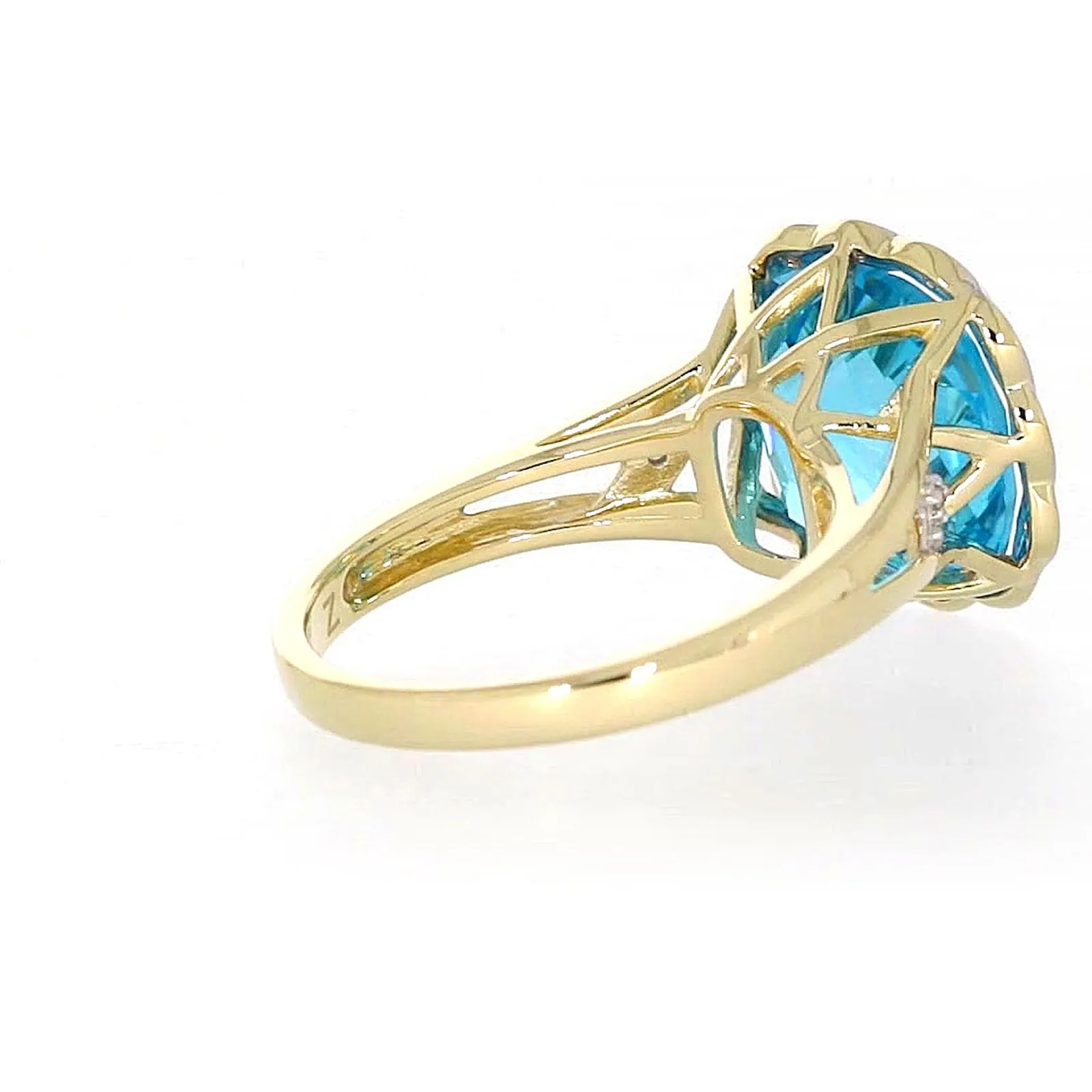 9ct Two Tone Gold Cushion & Round Brilliant Cut Blue Topaz & Diamond Set Ring Ring