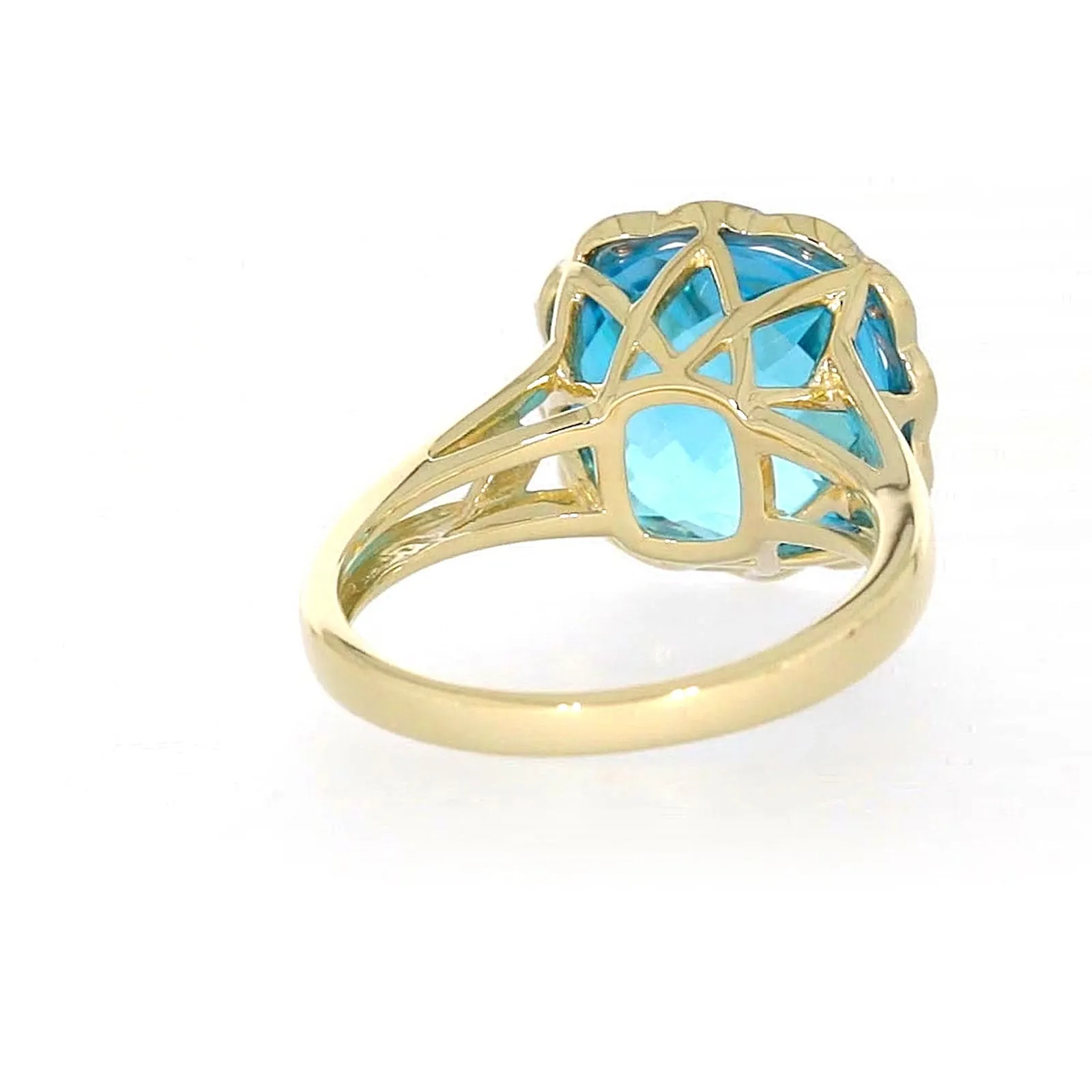 9ct Two Tone Gold Cushion & Round Brilliant Cut Blue Topaz & Diamond Set Ring Ring