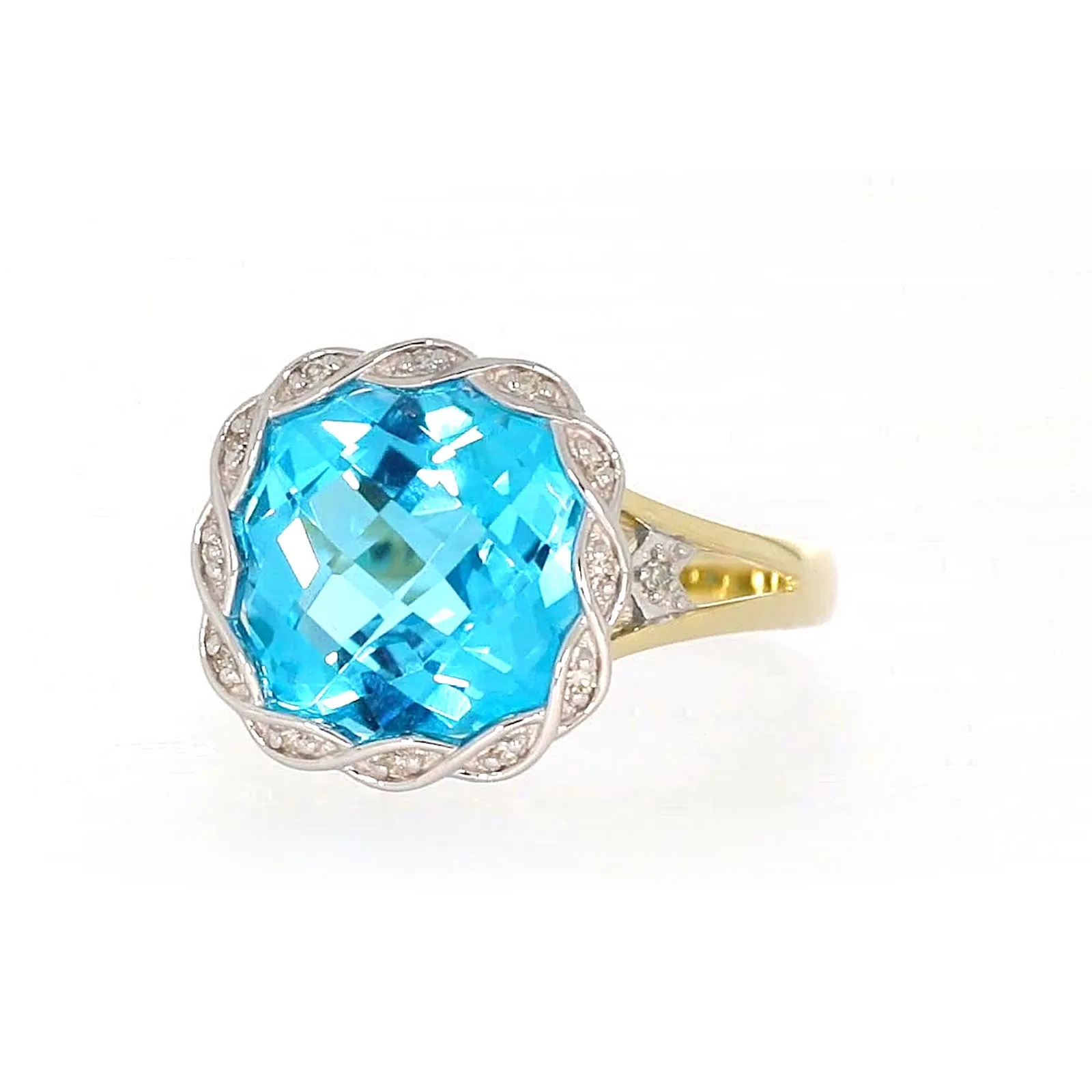 9ct Two Tone Gold Cushion & Round Brilliant Cut Blue Topaz & Diamond Set Ring Ring