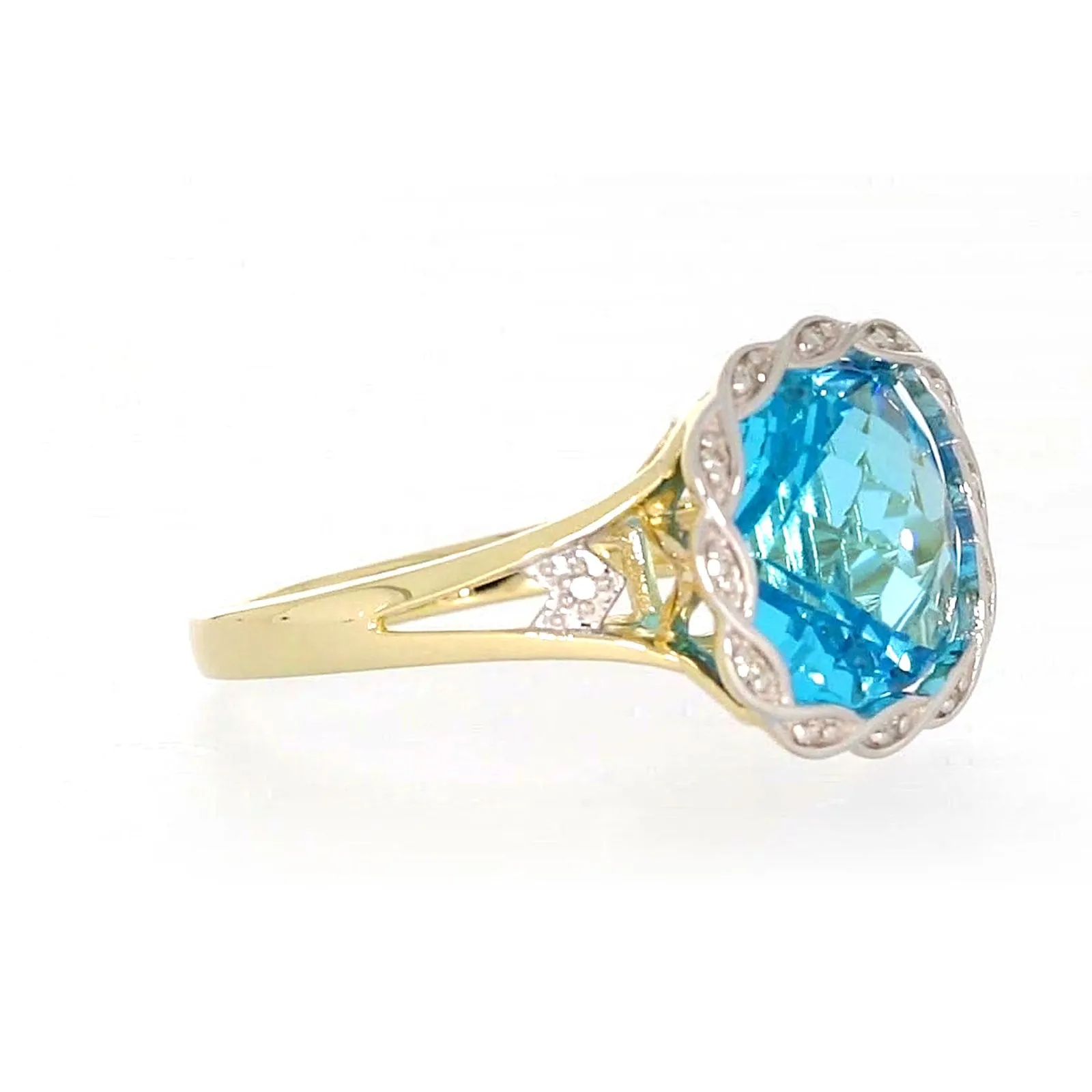 9ct Two Tone Gold Cushion & Round Brilliant Cut Blue Topaz & Diamond Set Ring Ring