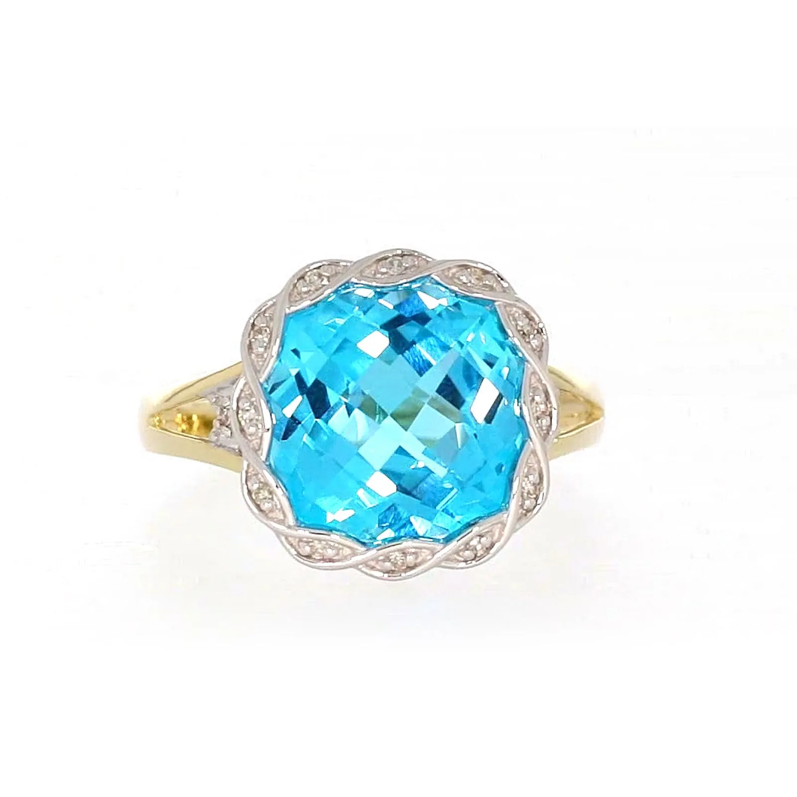 9ct Two Tone Gold Cushion & Round Brilliant Cut Blue Topaz & Diamond Set Ring Ring