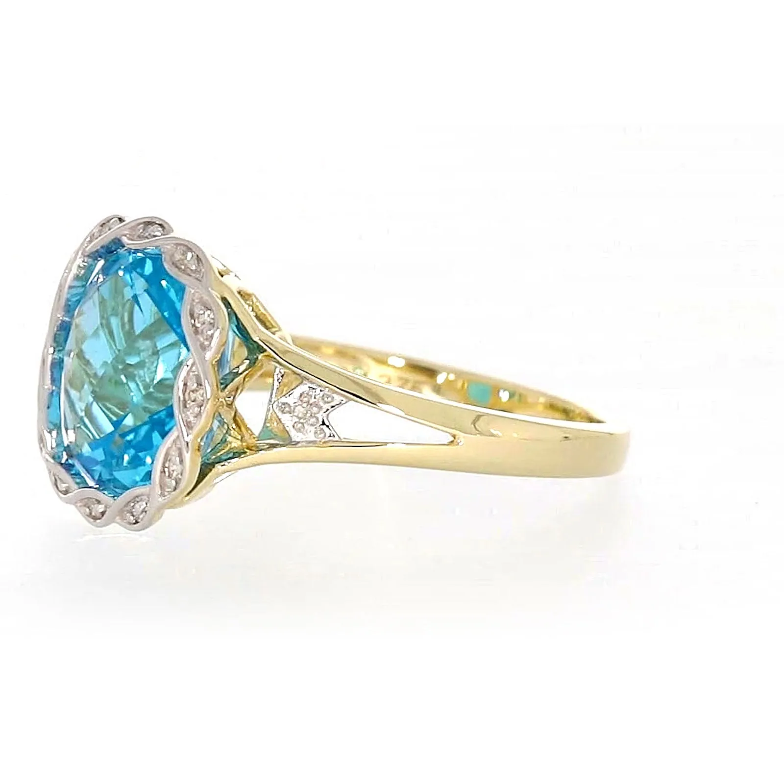 9ct Two Tone Gold Cushion & Round Brilliant Cut Blue Topaz & Diamond Set Ring Ring