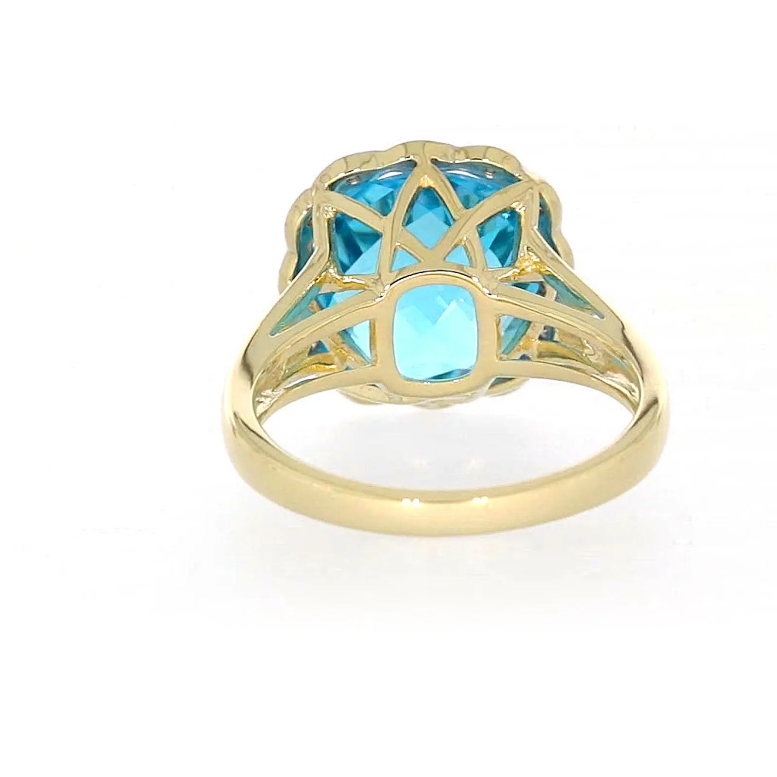 9ct Two Tone Gold Cushion & Round Brilliant Cut Blue Topaz & Diamond Set Ring Ring