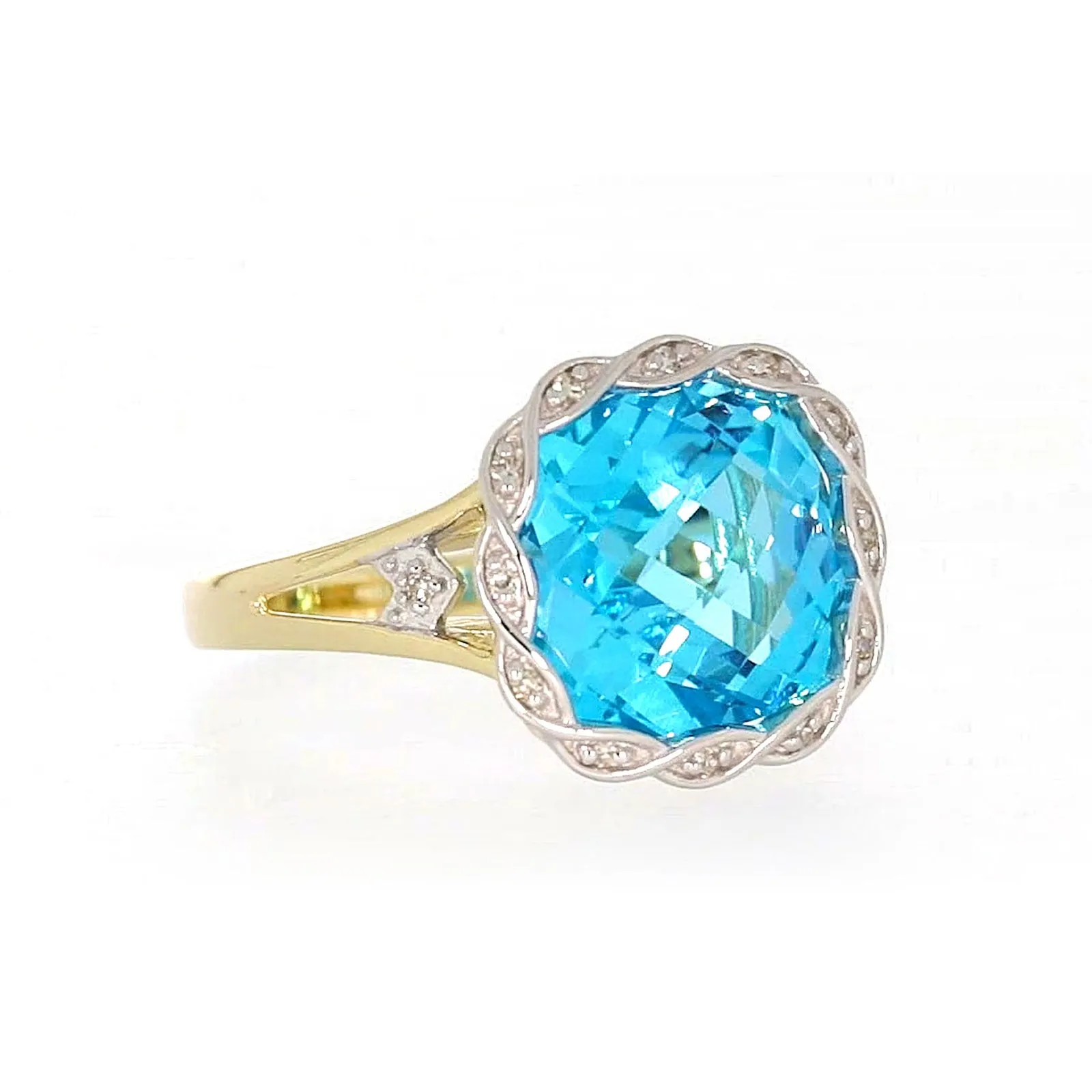 9ct Two Tone Gold Cushion & Round Brilliant Cut Blue Topaz & Diamond Set Ring Ring