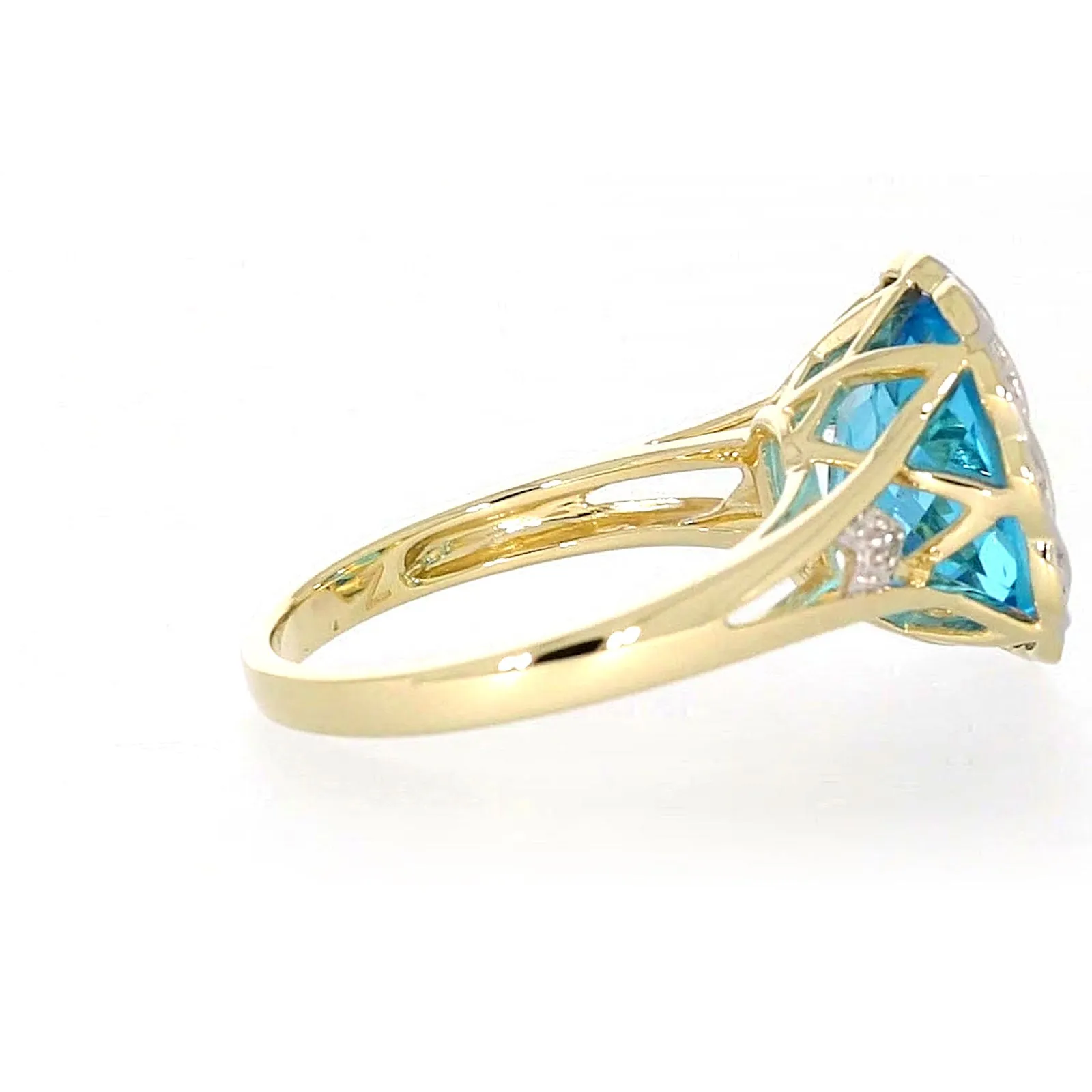 9ct Two Tone Gold Cushion & Round Brilliant Cut Blue Topaz & Diamond Set Ring Ring