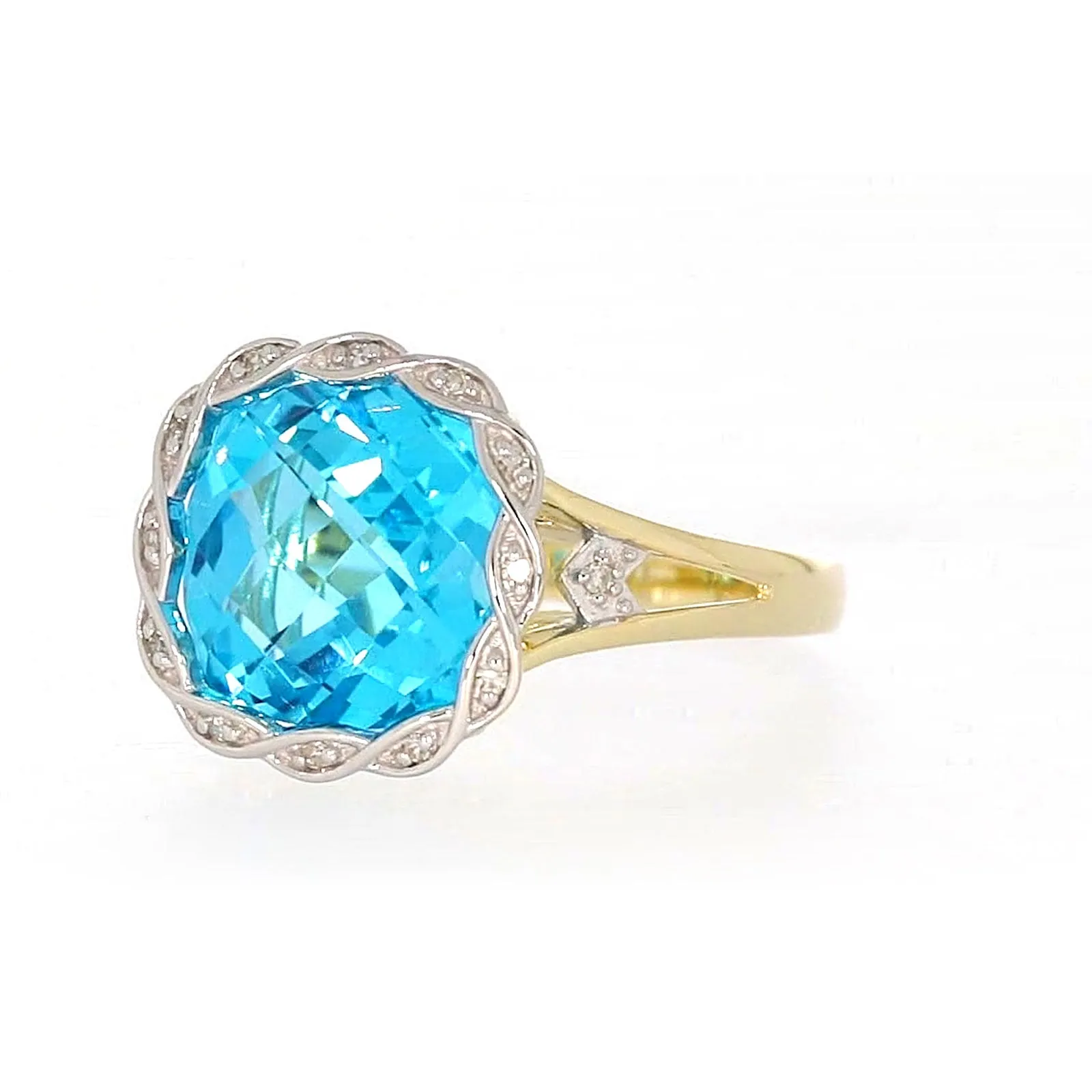 9ct Two Tone Gold Cushion & Round Brilliant Cut Blue Topaz & Diamond Set Ring Ring