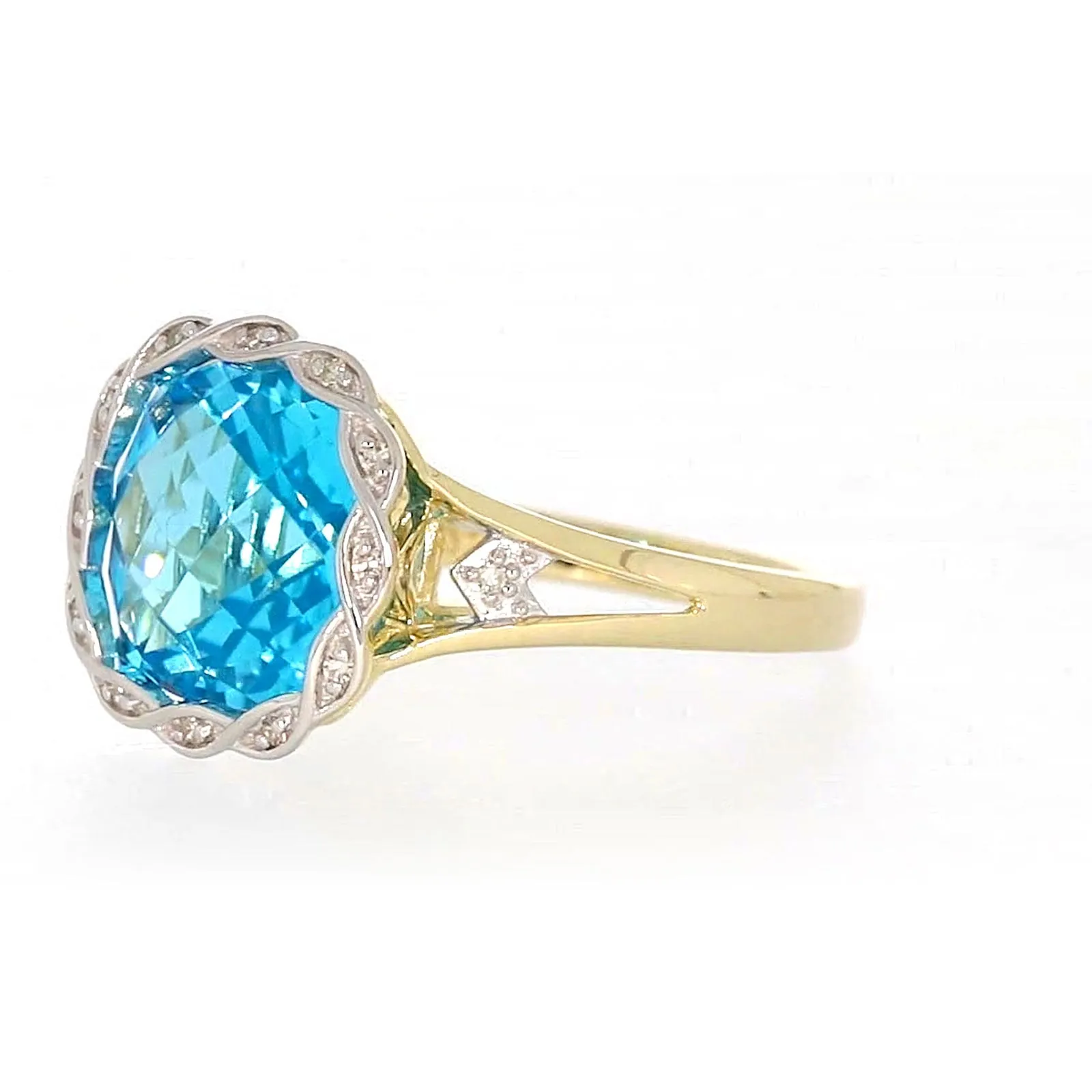 9ct Two Tone Gold Cushion & Round Brilliant Cut Blue Topaz & Diamond Set Ring Ring