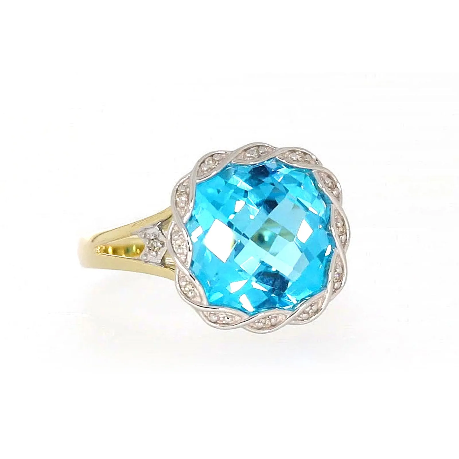 9ct Two Tone Gold Cushion & Round Brilliant Cut Blue Topaz & Diamond Set Ring Ring