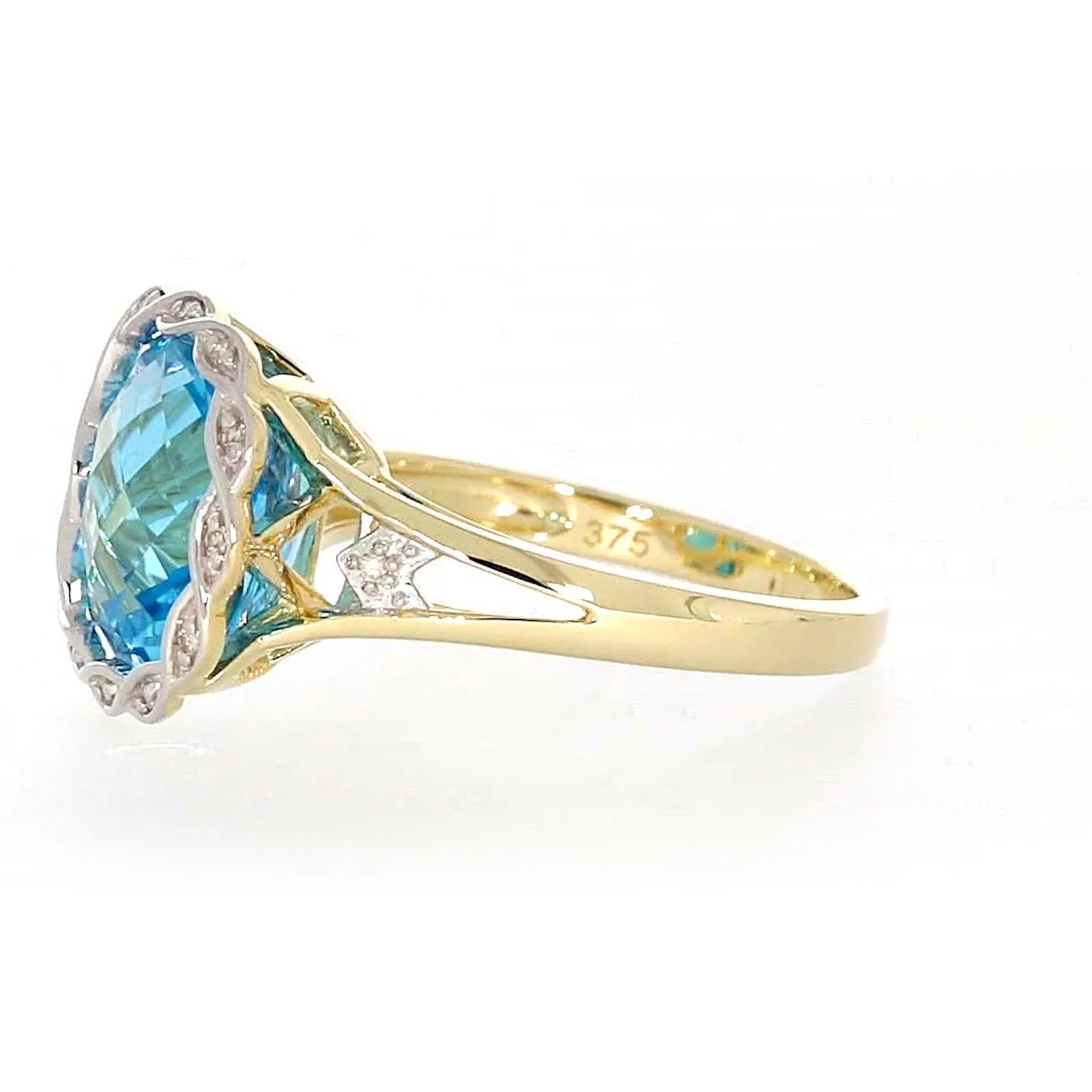 9ct Two Tone Gold Cushion & Round Brilliant Cut Blue Topaz & Diamond Set Ring Ring