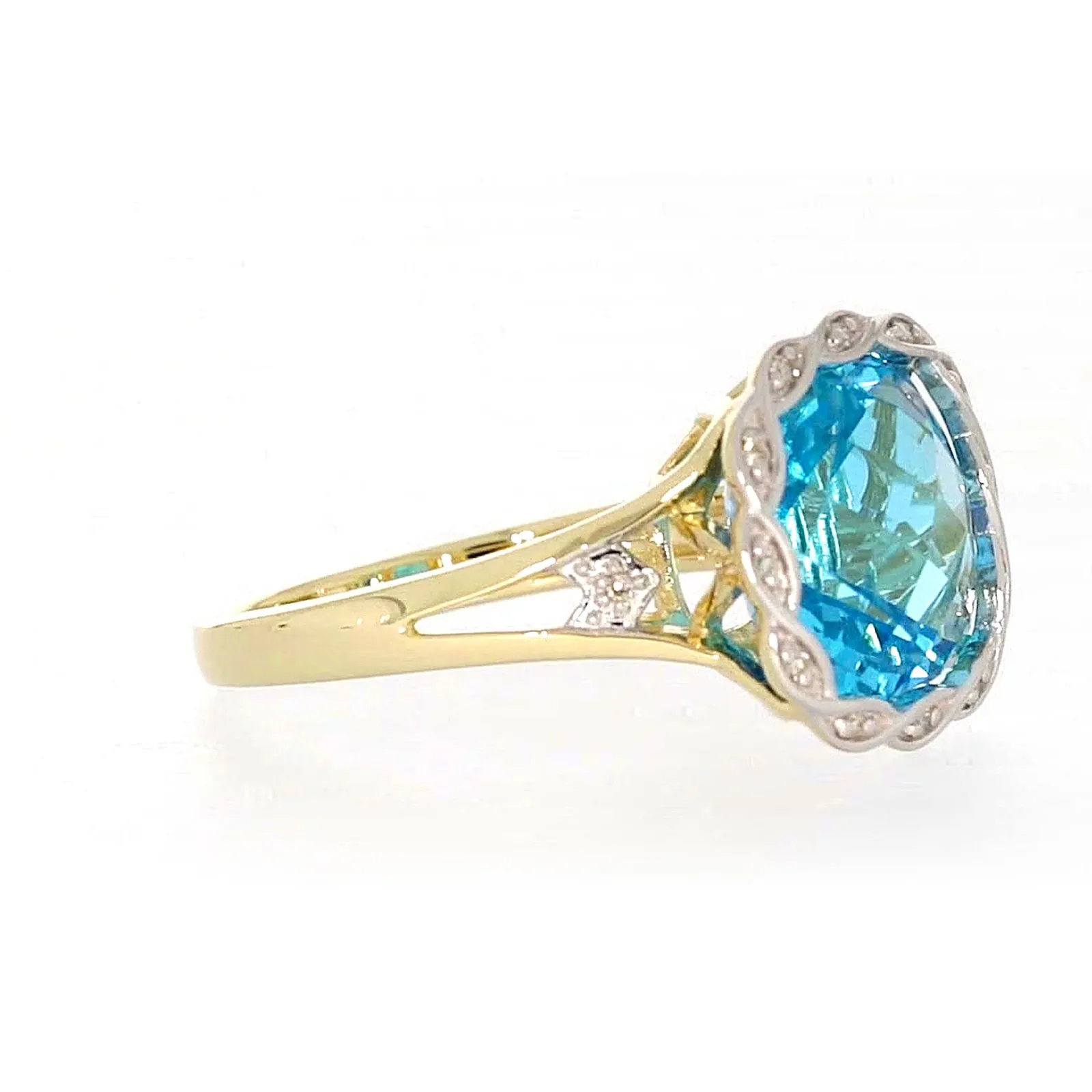 9ct Two Tone Gold Cushion & Round Brilliant Cut Blue Topaz & Diamond Set Ring Ring