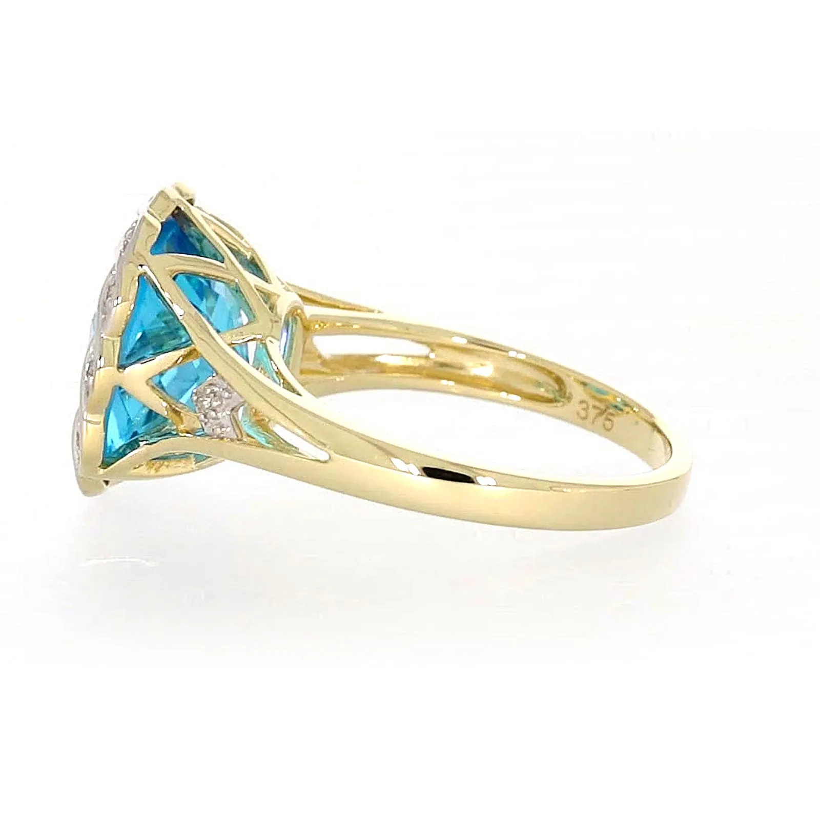 9ct Two Tone Gold Cushion & Round Brilliant Cut Blue Topaz & Diamond Set Ring Ring