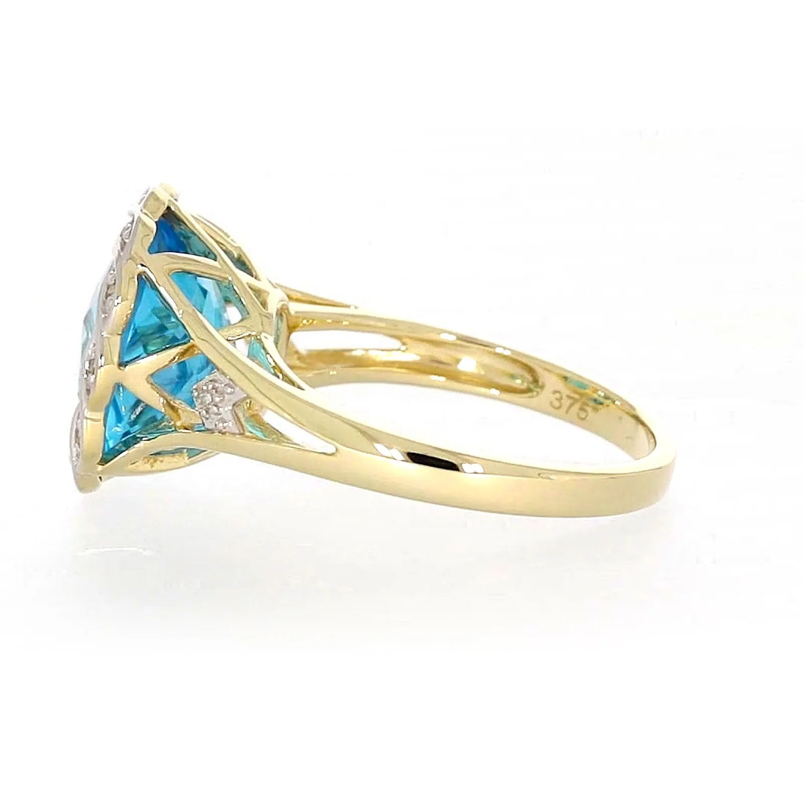 9ct Two Tone Gold Cushion & Round Brilliant Cut Blue Topaz & Diamond Set Ring Ring