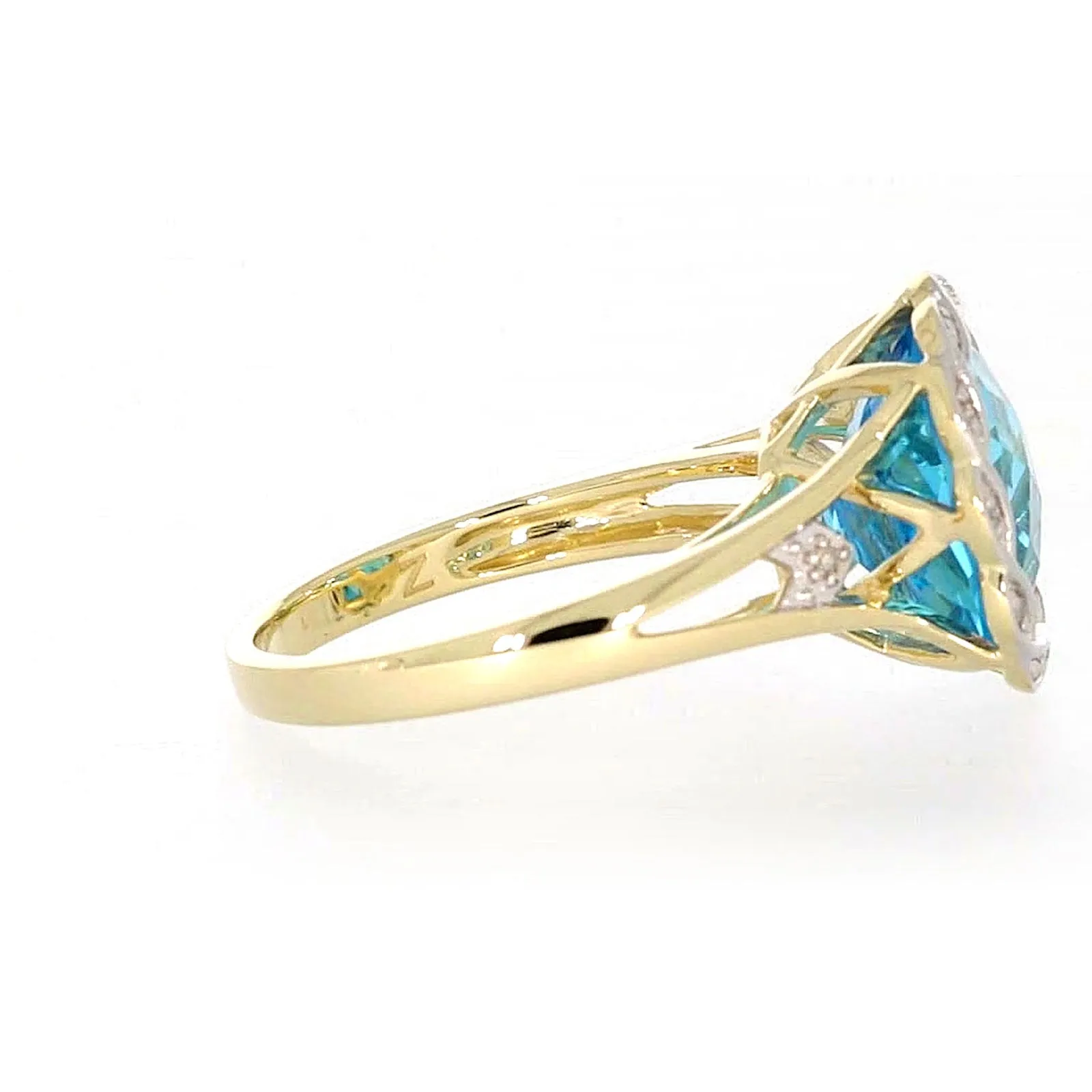 9ct Two Tone Gold Cushion & Round Brilliant Cut Blue Topaz & Diamond Set Ring Ring