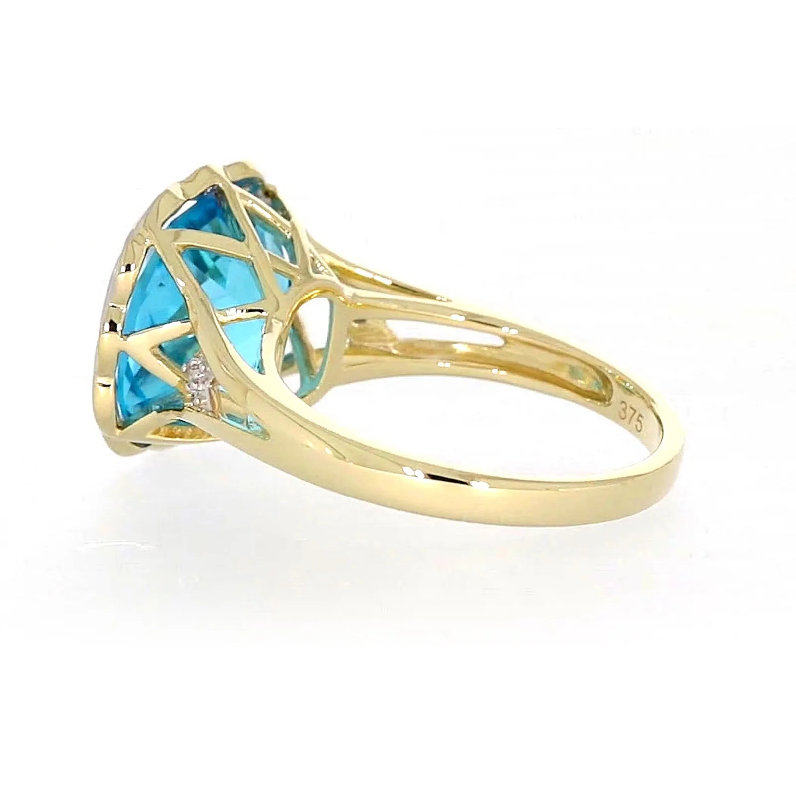 9ct Two Tone Gold Cushion & Round Brilliant Cut Blue Topaz & Diamond Set Ring Ring