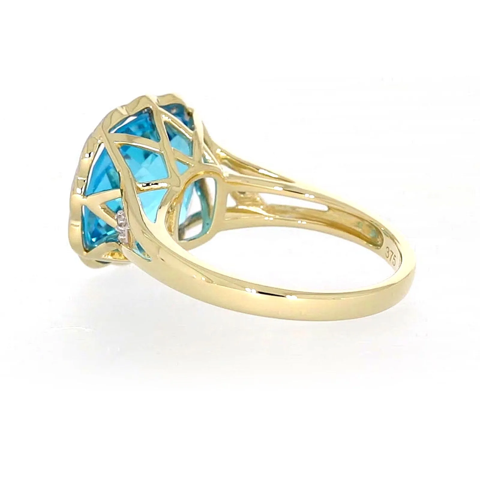 9ct Two Tone Gold Cushion & Round Brilliant Cut Blue Topaz & Diamond Set Ring Ring