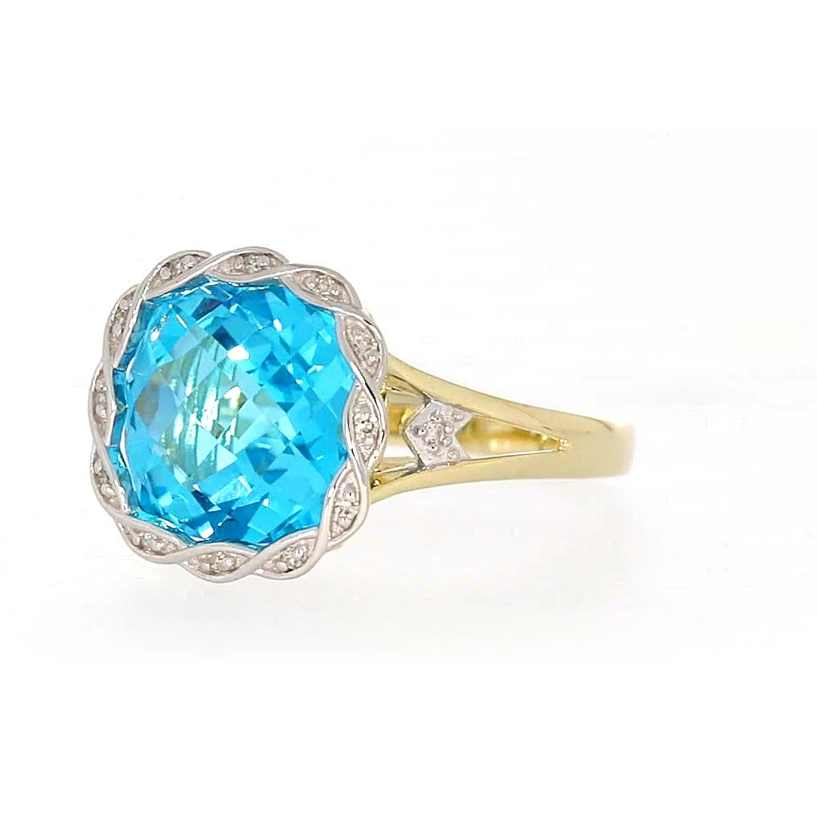 9ct Two Tone Gold Cushion & Round Brilliant Cut Blue Topaz & Diamond Set Ring Ring