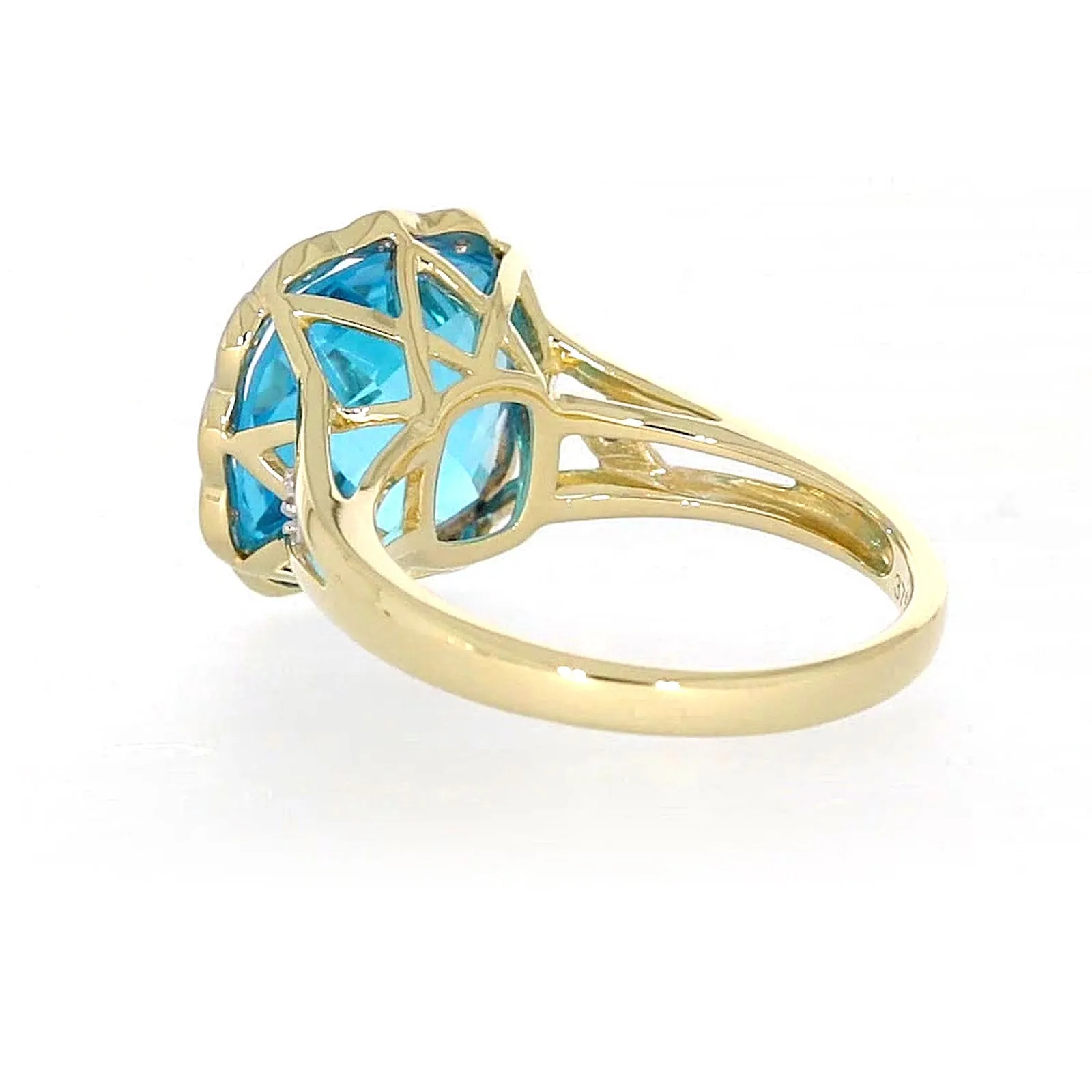 9ct Two Tone Gold Cushion & Round Brilliant Cut Blue Topaz & Diamond Set Ring Ring