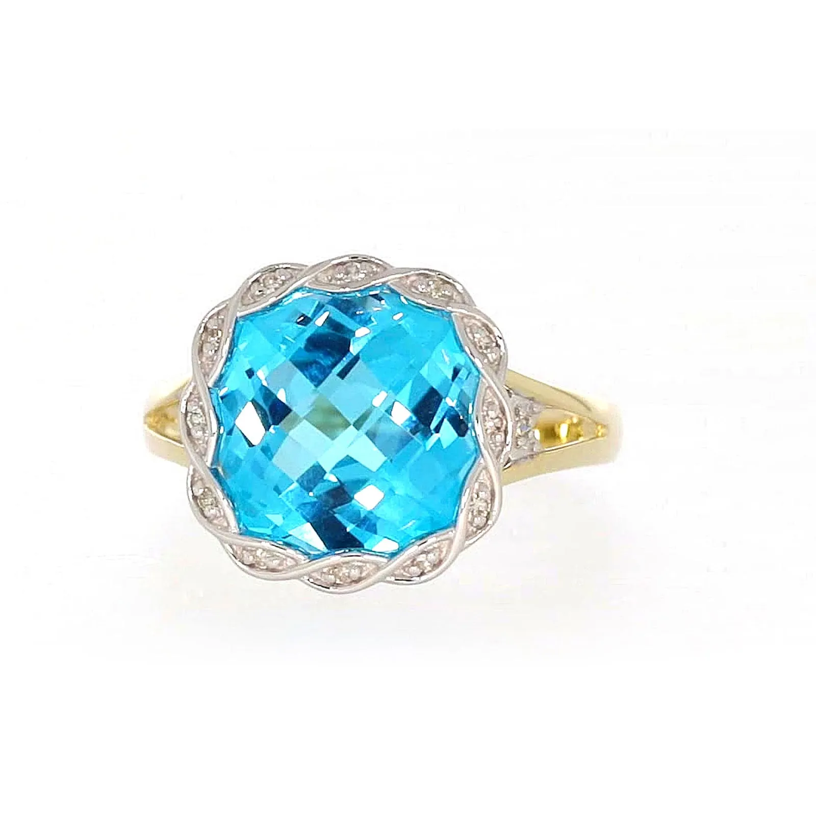 9ct Two Tone Gold Cushion & Round Brilliant Cut Blue Topaz & Diamond Set Ring Ring