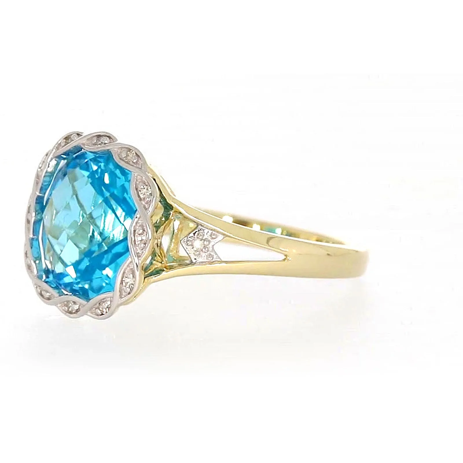 9ct Two Tone Gold Cushion & Round Brilliant Cut Blue Topaz & Diamond Set Ring Ring