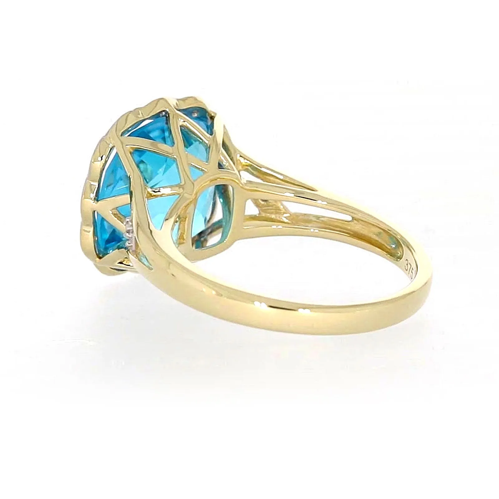 9ct Two Tone Gold Cushion & Round Brilliant Cut Blue Topaz & Diamond Set Ring Ring