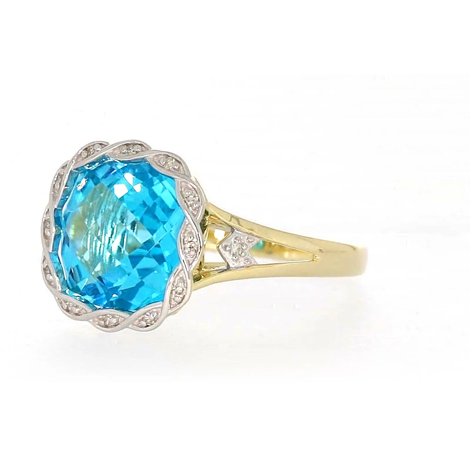 9ct Two Tone Gold Cushion & Round Brilliant Cut Blue Topaz & Diamond Set Ring Ring