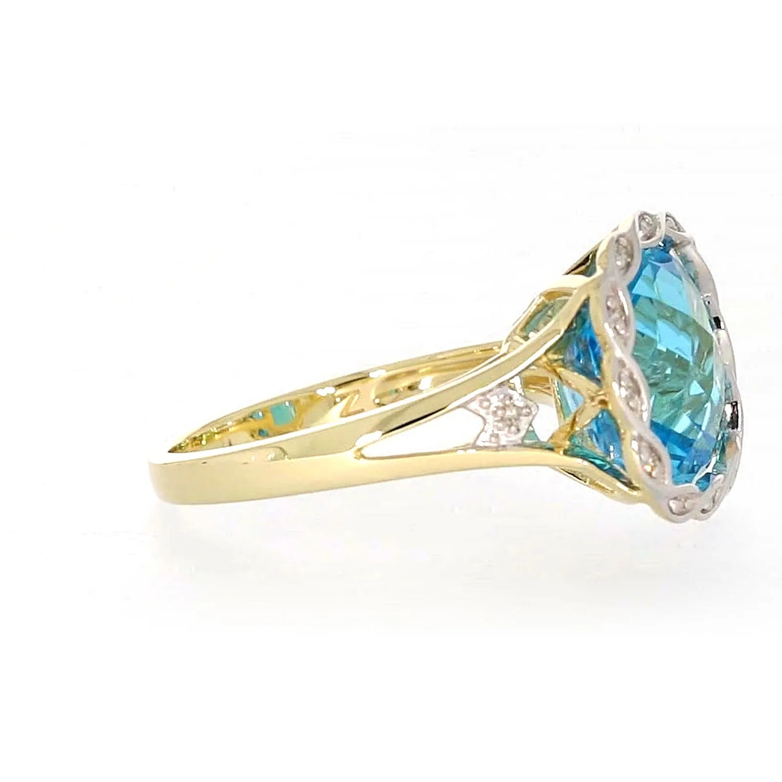 9ct Two Tone Gold Cushion & Round Brilliant Cut Blue Topaz & Diamond Set Ring Ring