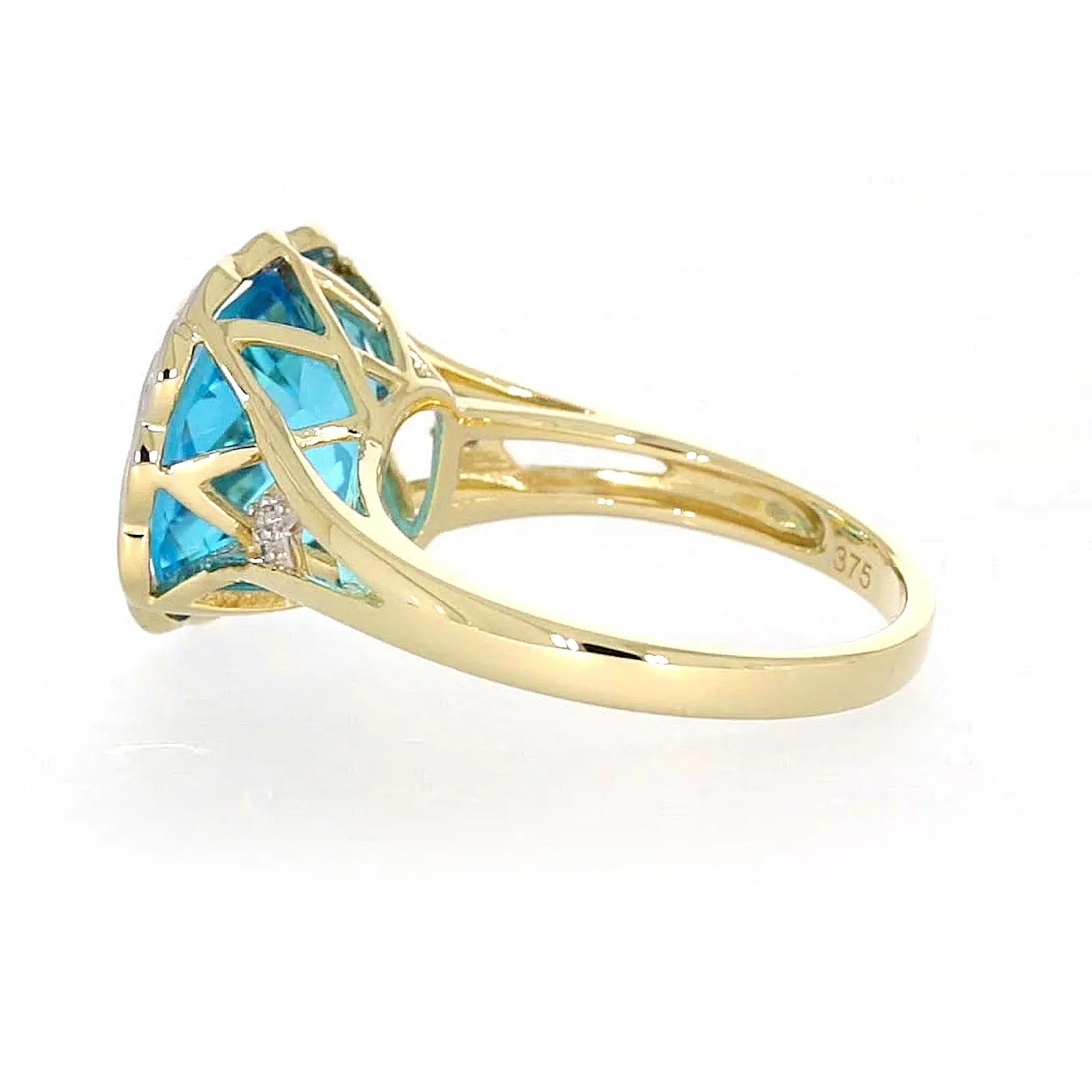 9ct Two Tone Gold Cushion & Round Brilliant Cut Blue Topaz & Diamond Set Ring Ring