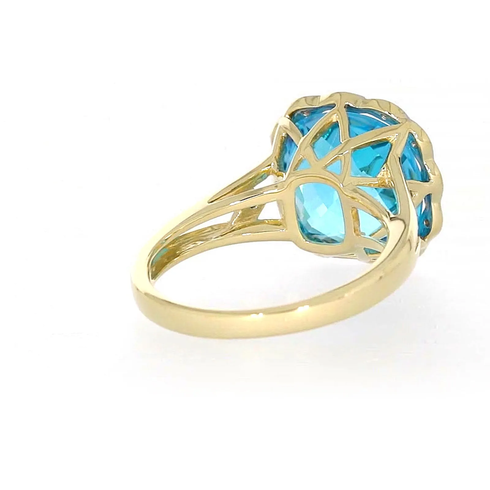 9ct Two Tone Gold Cushion & Round Brilliant Cut Blue Topaz & Diamond Set Ring Ring