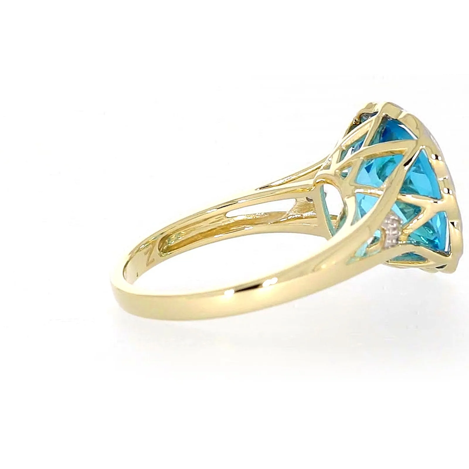 9ct Two Tone Gold Cushion & Round Brilliant Cut Blue Topaz & Diamond Set Ring Ring