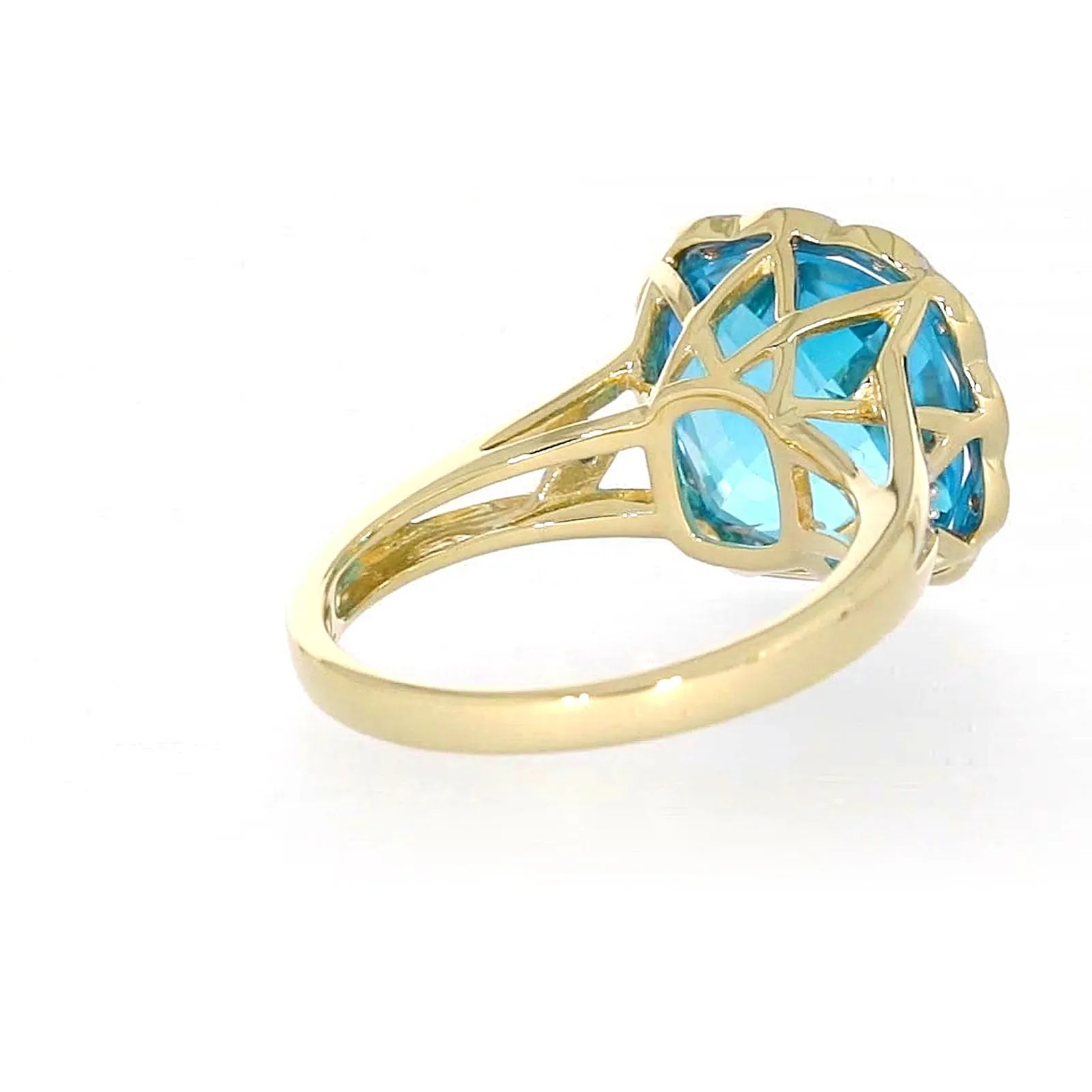 9ct Two Tone Gold Cushion & Round Brilliant Cut Blue Topaz & Diamond Set Ring Ring