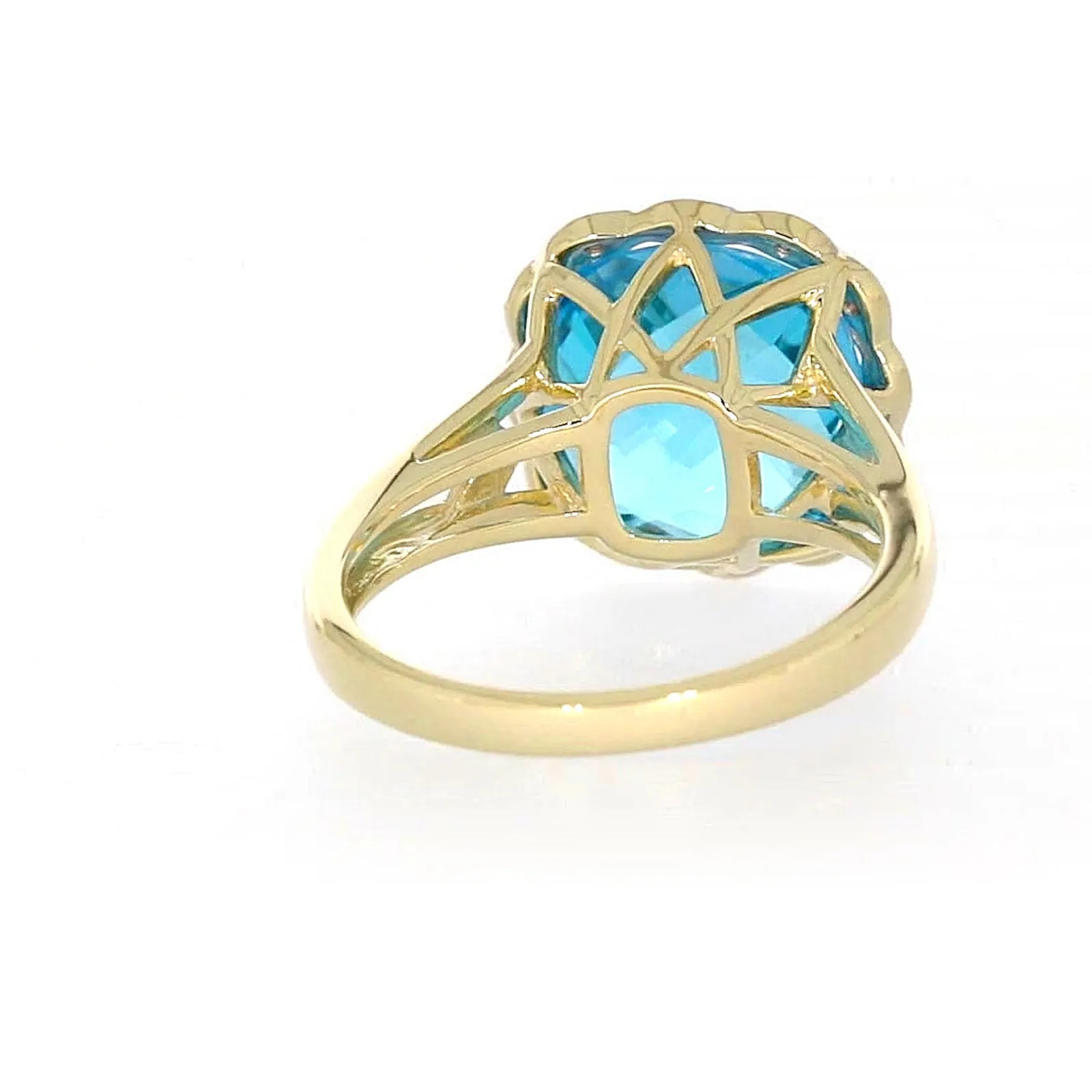 9ct Two Tone Gold Cushion & Round Brilliant Cut Blue Topaz & Diamond Set Ring Ring