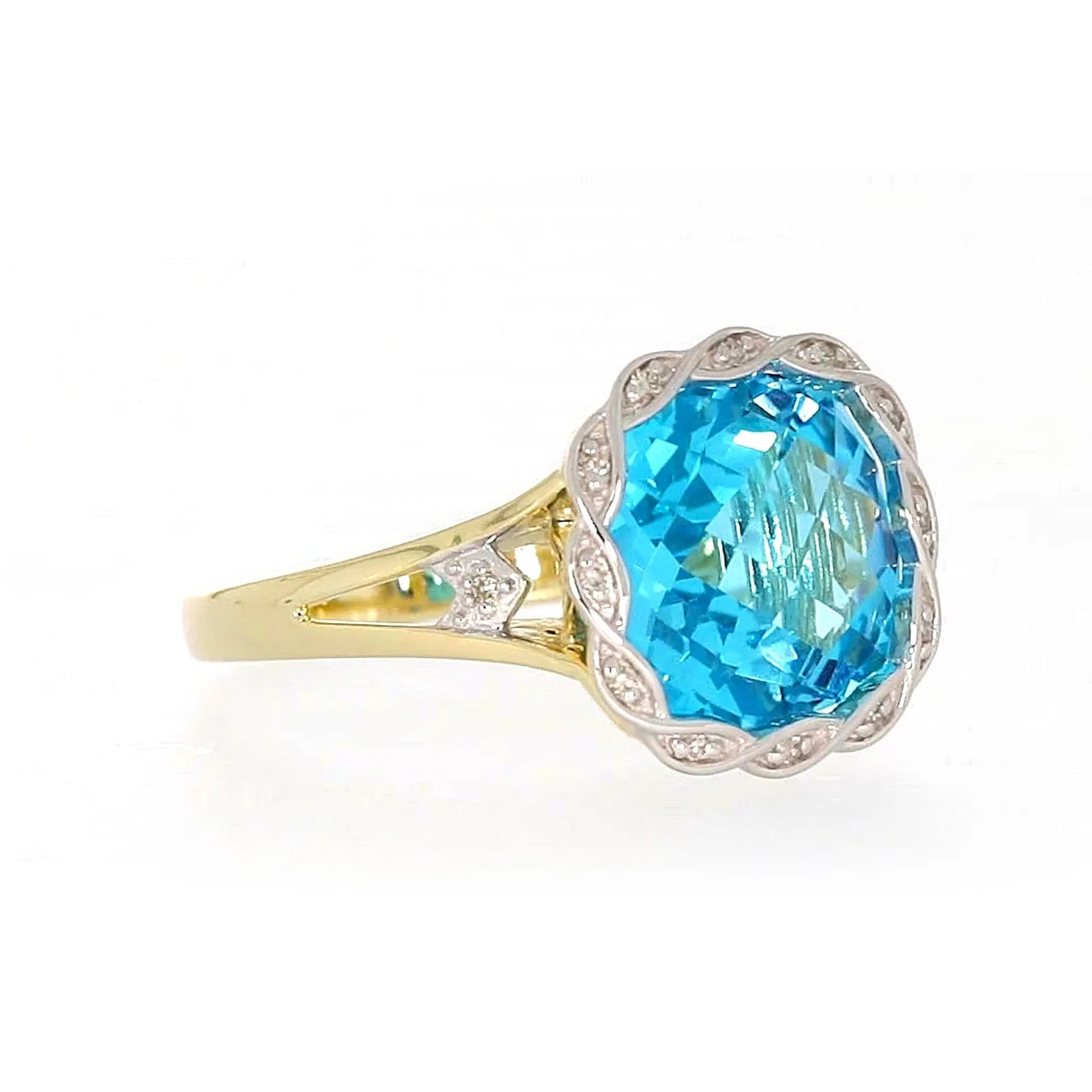 9ct Two Tone Gold Cushion & Round Brilliant Cut Blue Topaz & Diamond Set Ring Ring