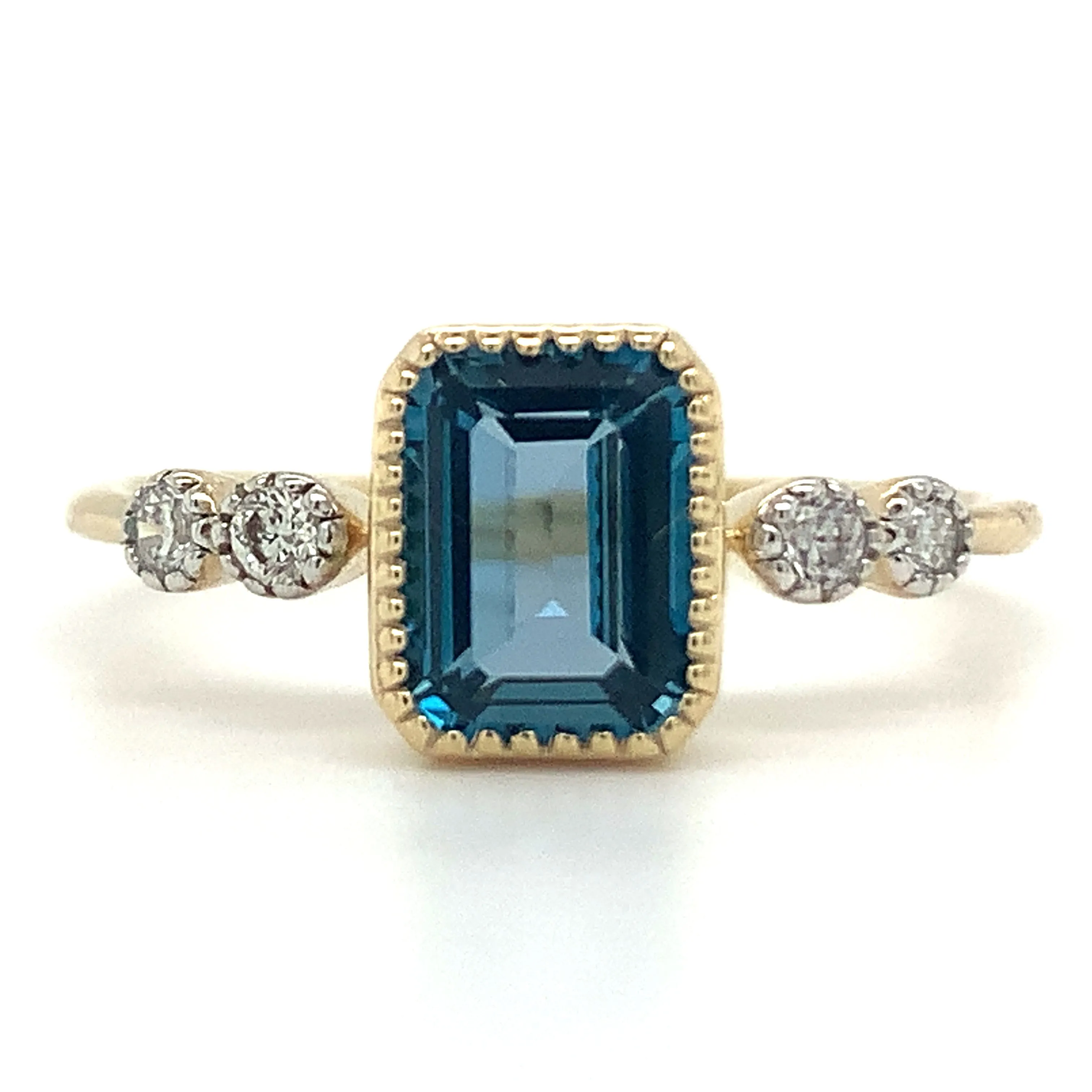 9ct Yellow Gold 1.32ct Emerald Cut London Blue Topaz Ring with Side Diamonds