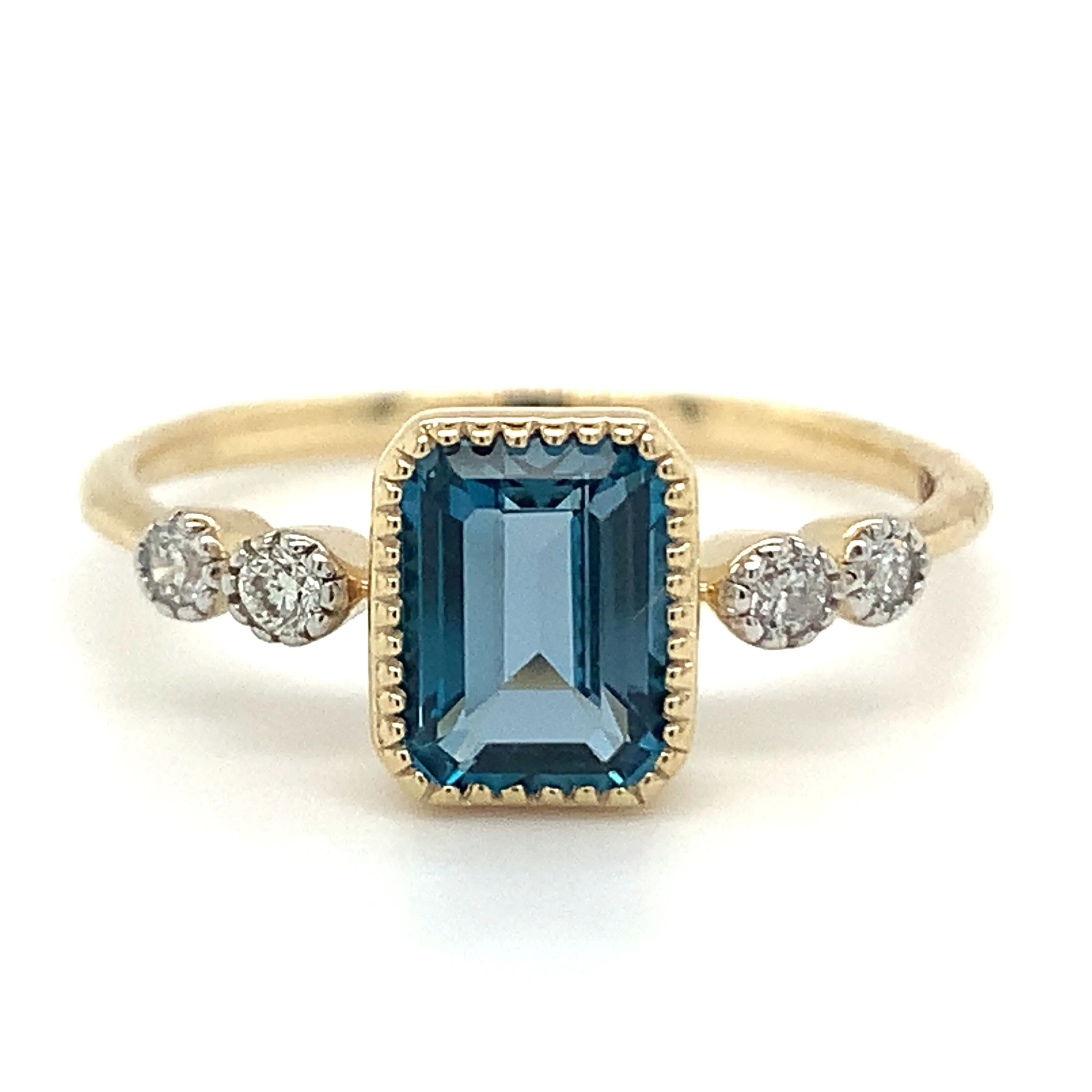 9ct Yellow Gold 1.32ct Emerald Cut London Blue Topaz Ring with Side Diamonds