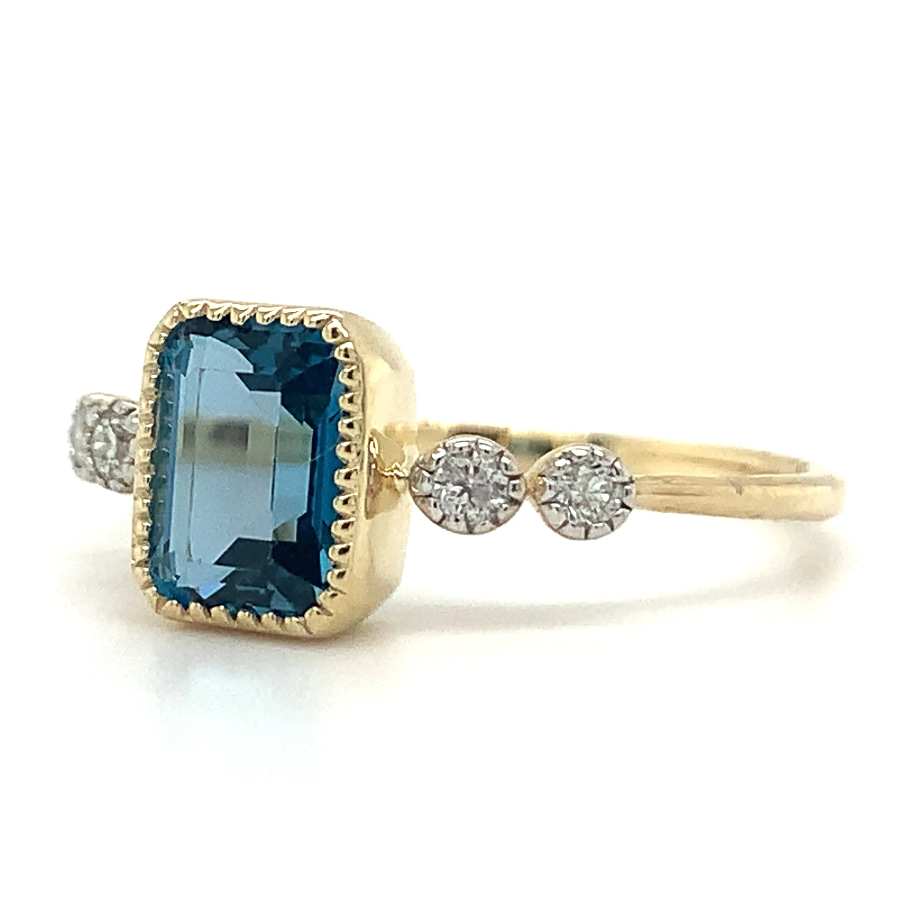 9ct Yellow Gold 1.32ct Emerald Cut London Blue Topaz Ring with Side Diamonds