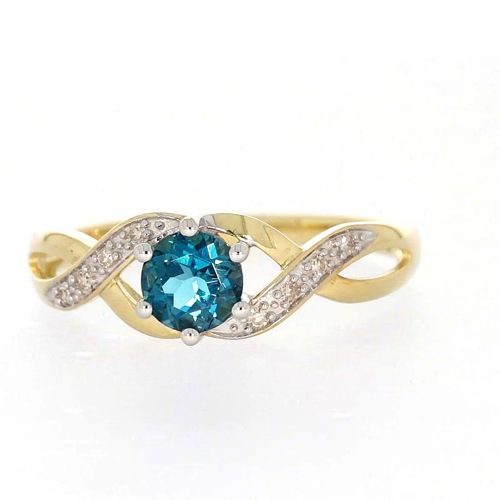 9ct Yellow Gold Round Brilliant Cut Blue Topaz Diamond Set Ring