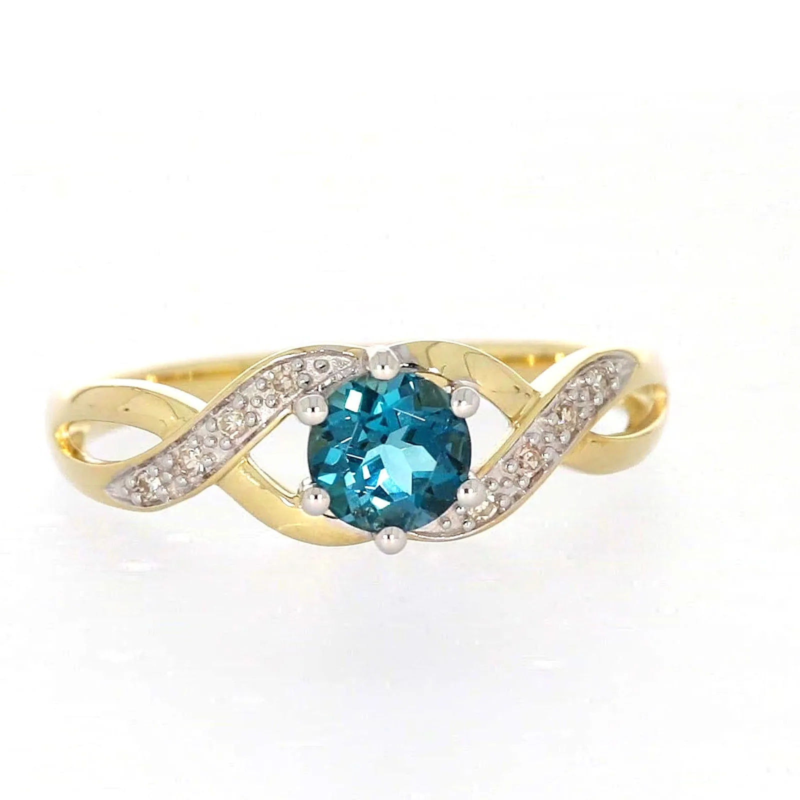 9ct Yellow Gold Round Brilliant Cut Blue Topaz Diamond Set Ring