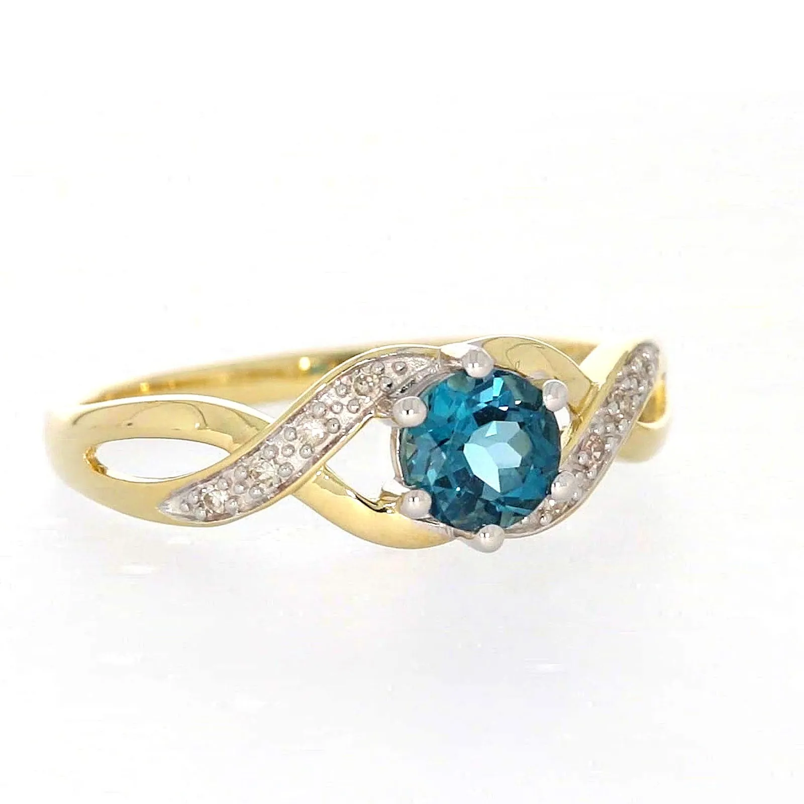 9ct Yellow Gold Round Brilliant Cut Blue Topaz Diamond Set Ring