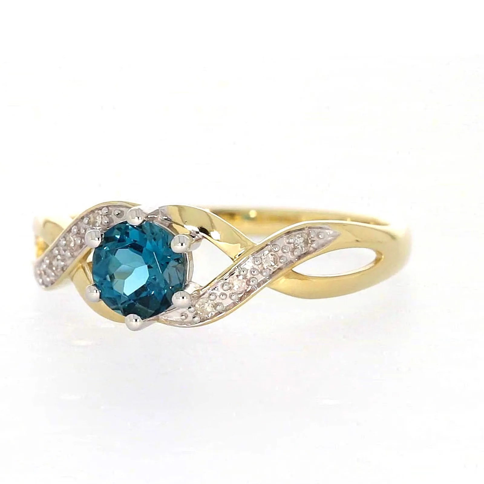 9ct Yellow Gold Round Brilliant Cut Blue Topaz Diamond Set Ring