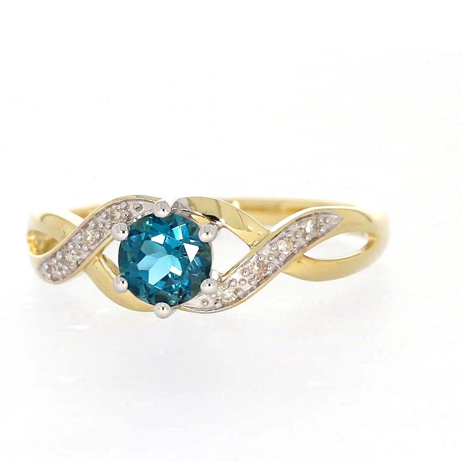 9ct Yellow Gold Round Brilliant Cut Blue Topaz Diamond Set Ring