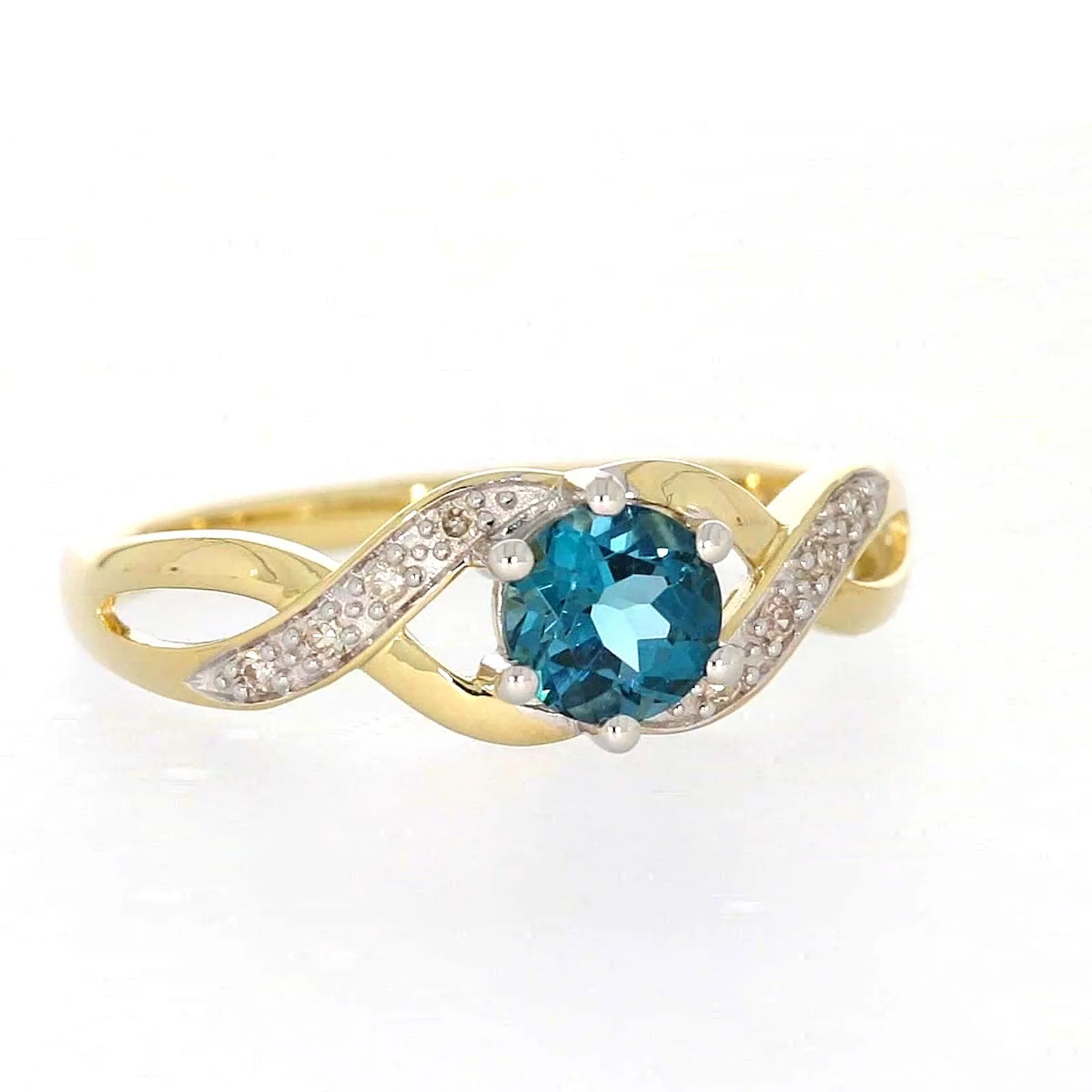 9ct Yellow Gold Round Brilliant Cut Blue Topaz Diamond Set Ring