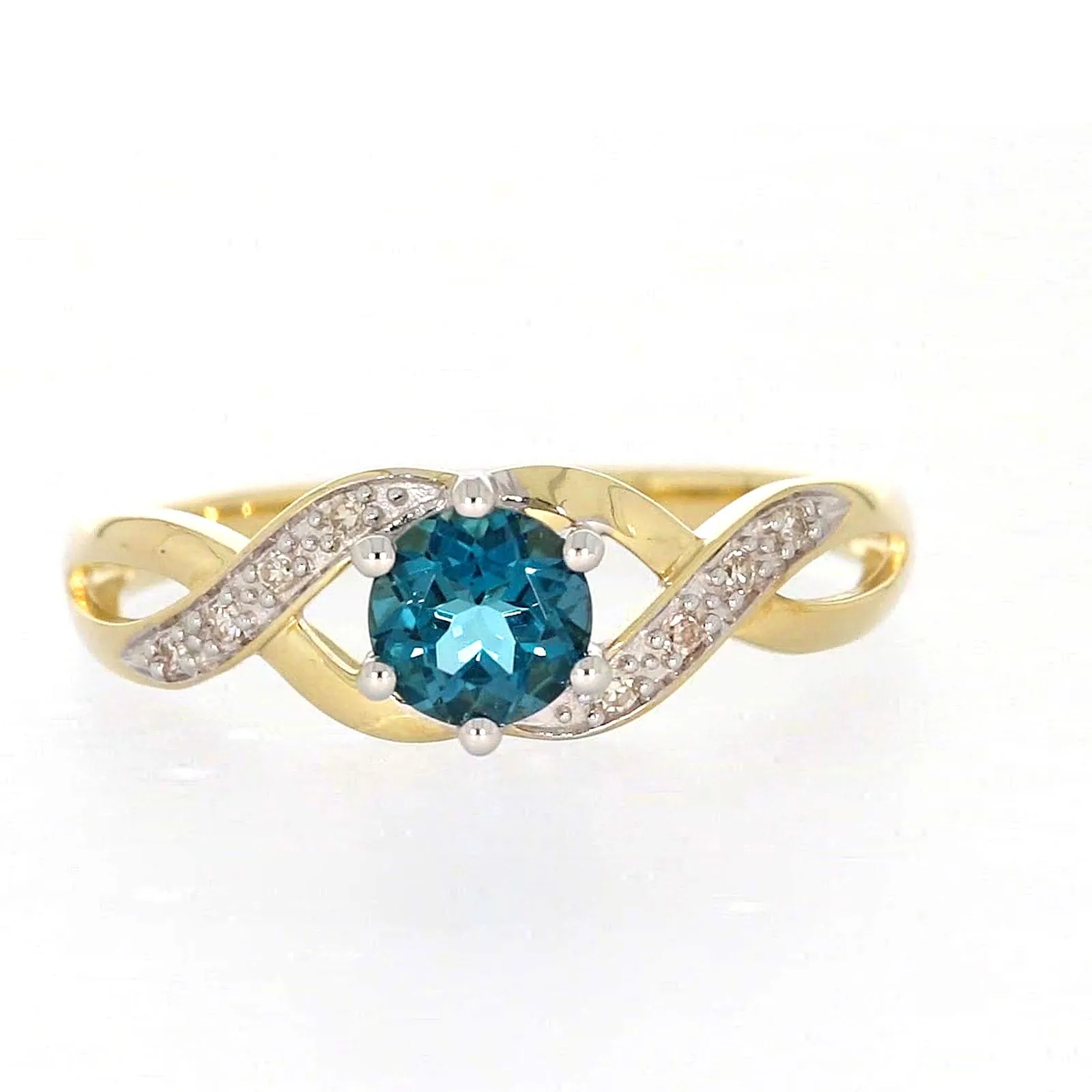 9ct Yellow Gold Round Brilliant Cut Blue Topaz Diamond Set Ring