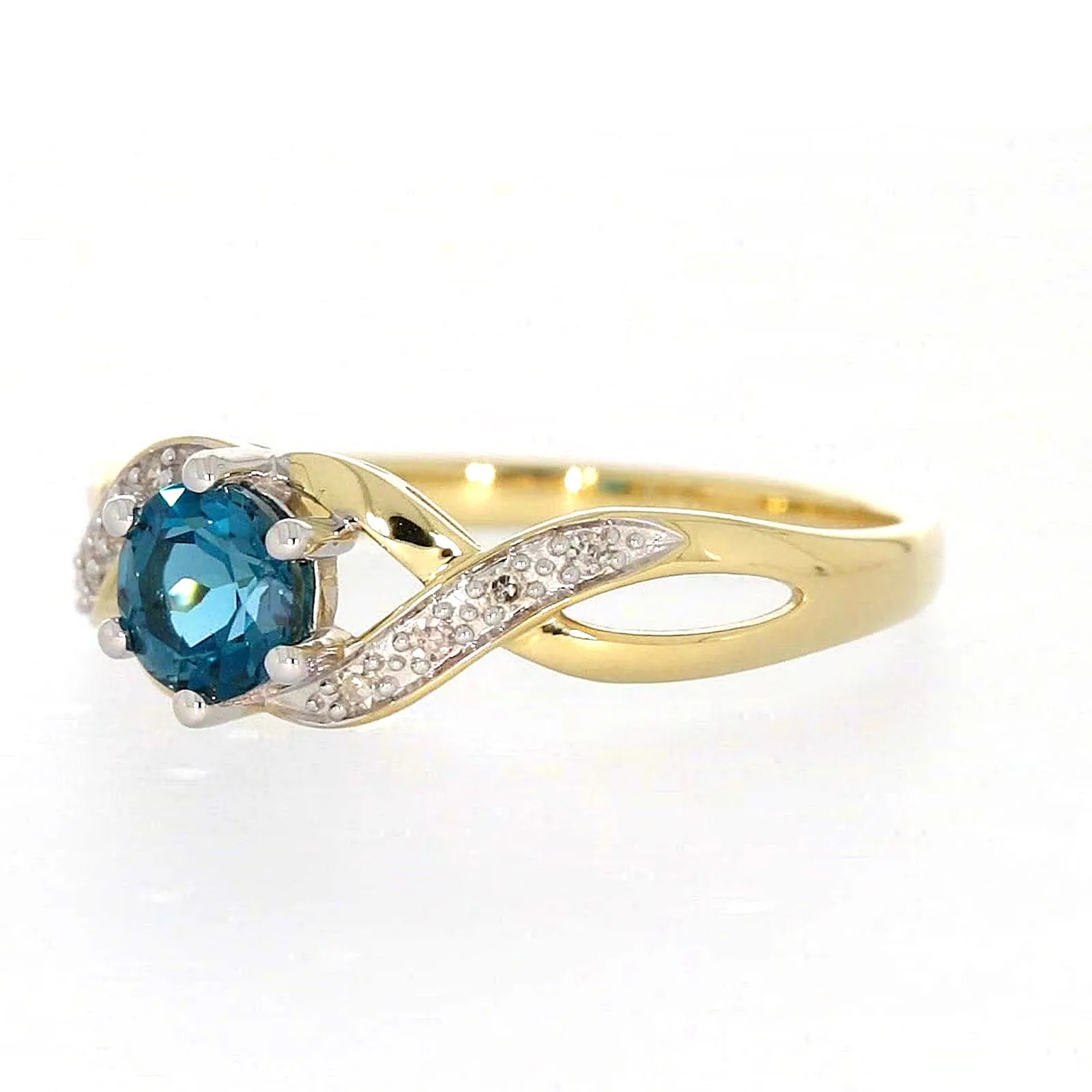 9ct Yellow Gold Round Brilliant Cut Blue Topaz Diamond Set Ring