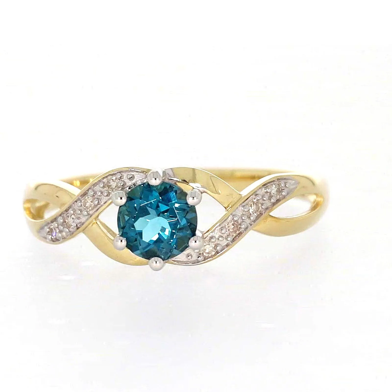 9ct Yellow Gold Round Brilliant Cut Blue Topaz Diamond Set Ring