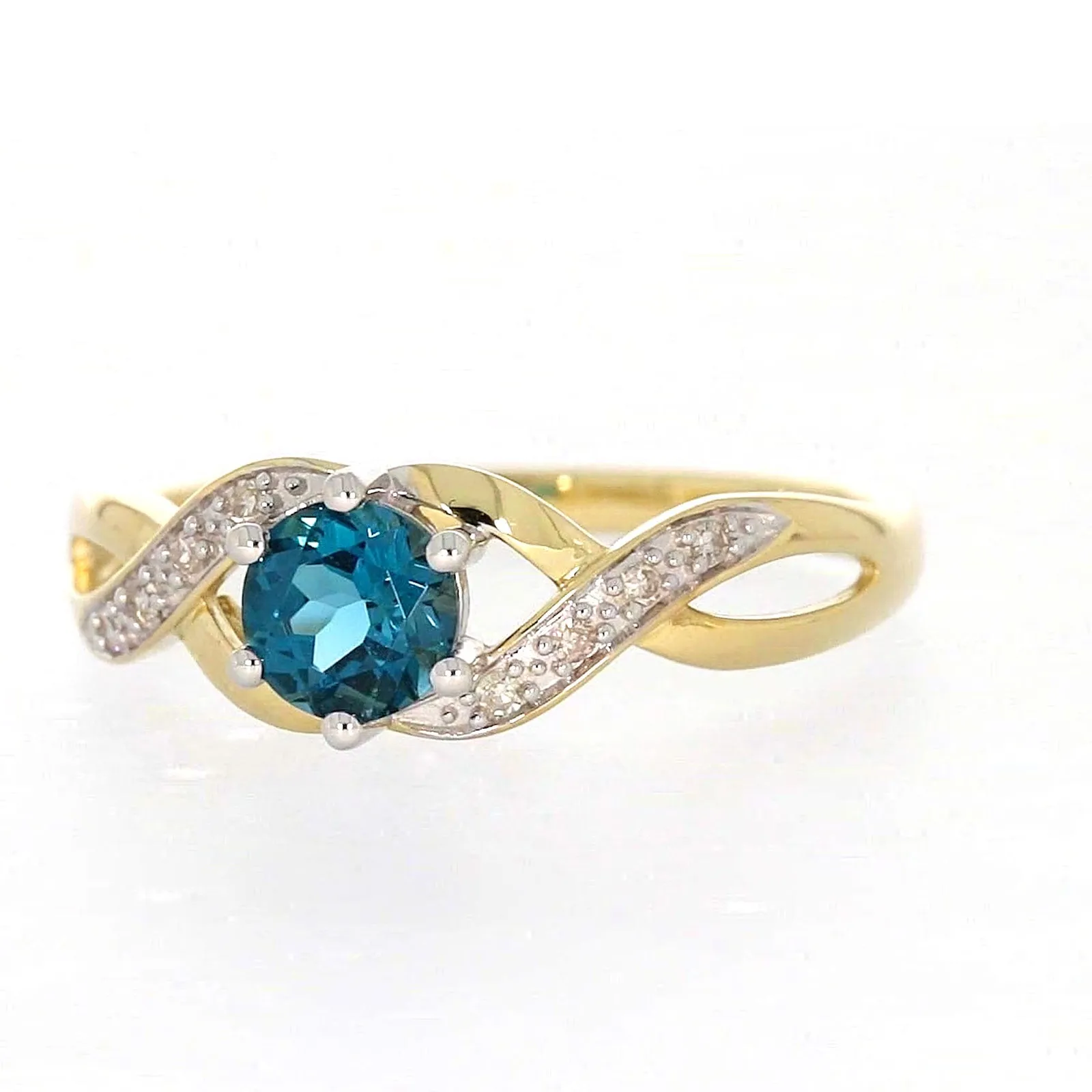 9ct Yellow Gold Round Brilliant Cut Blue Topaz Diamond Set Ring