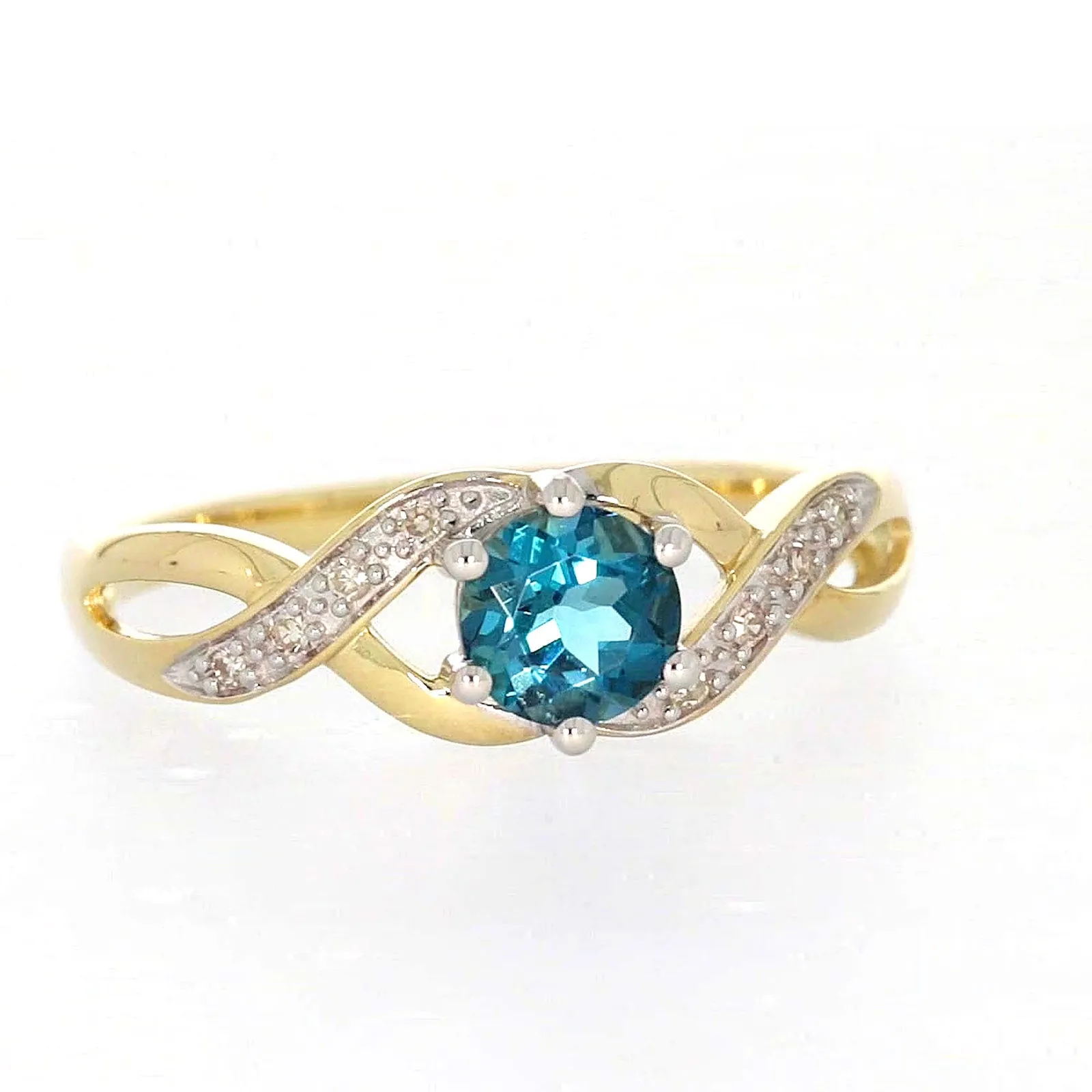 9ct Yellow Gold Round Brilliant Cut Blue Topaz Diamond Set Ring