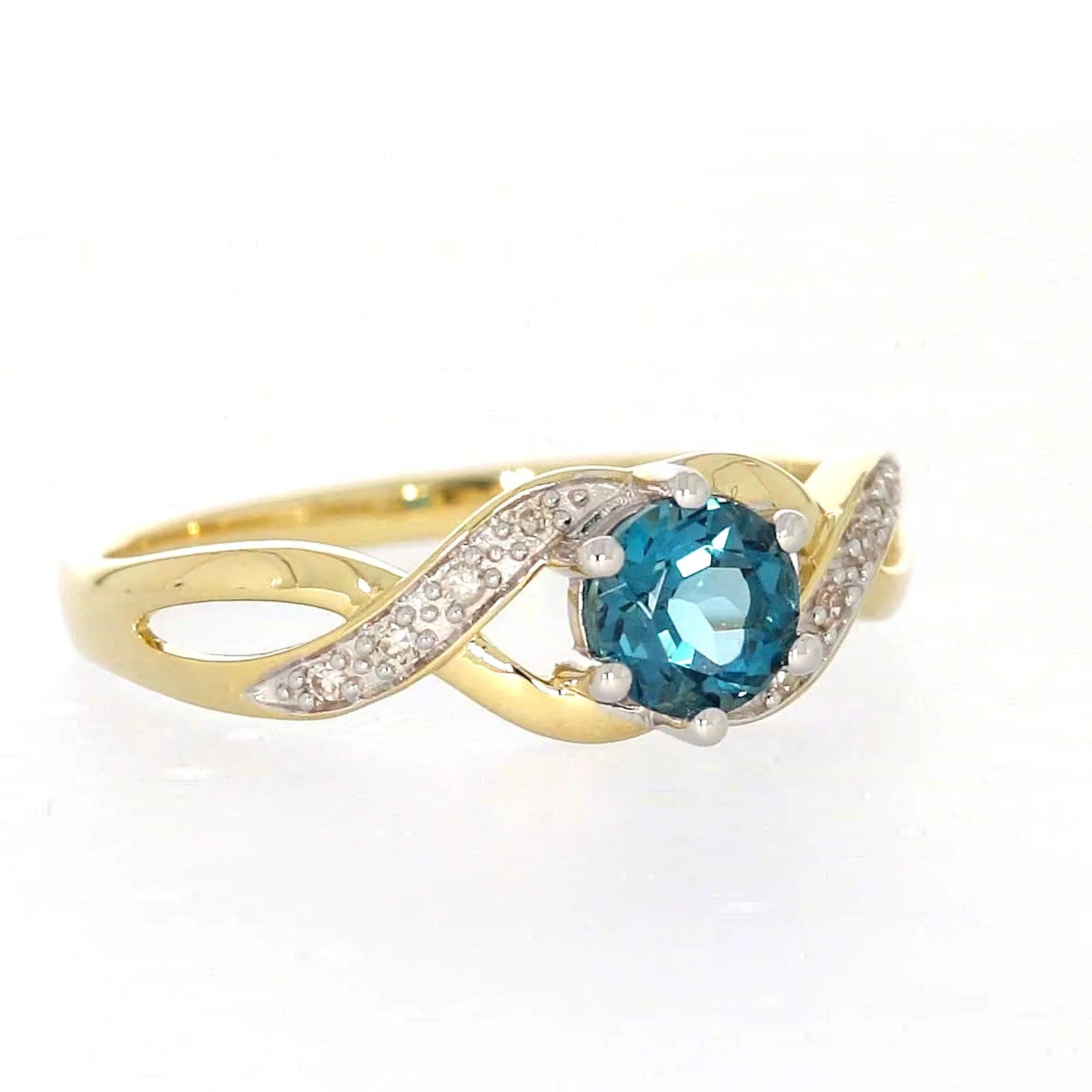 9ct Yellow Gold Round Brilliant Cut Blue Topaz Diamond Set Ring