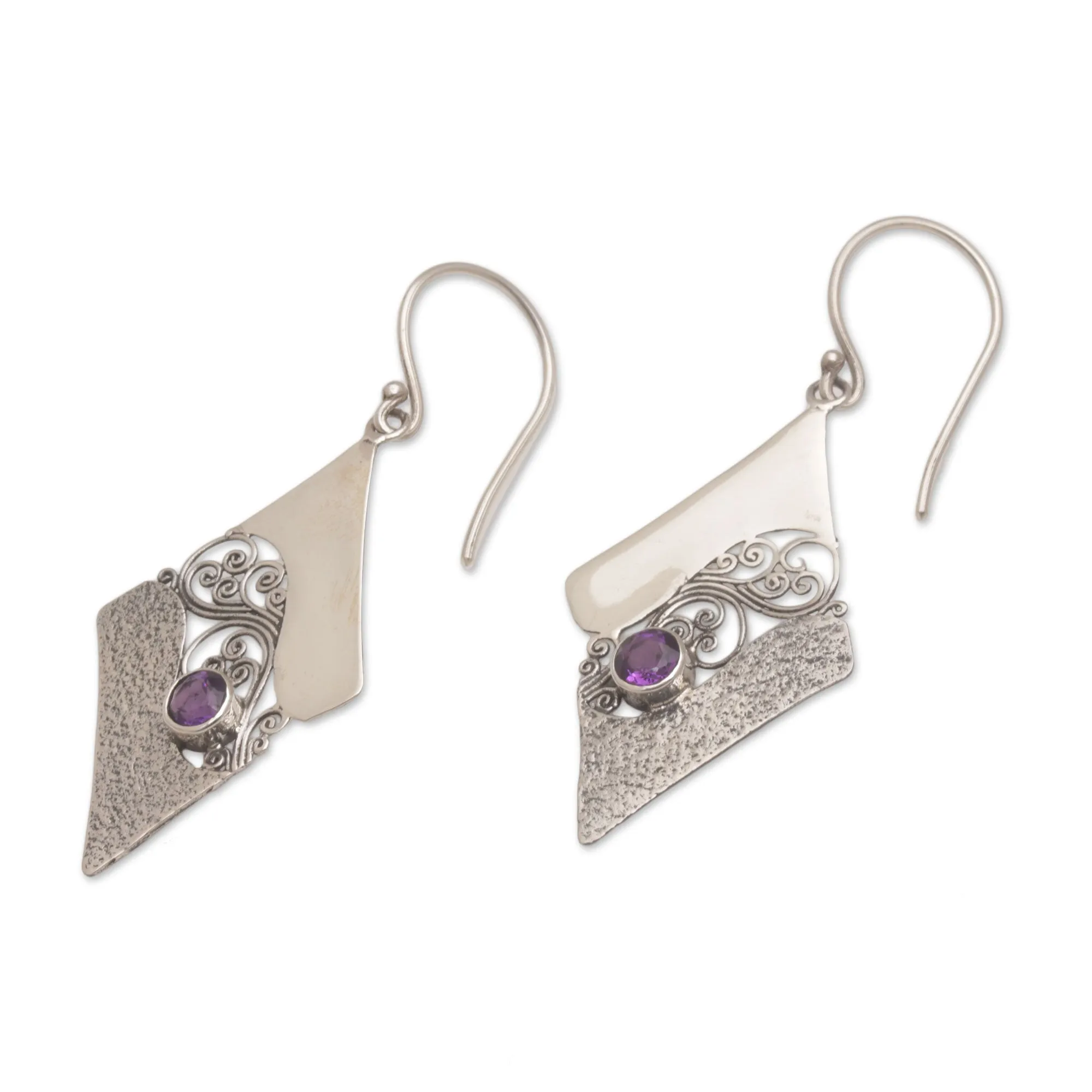 Amethyst Whirl Artisan Crafted Sterling Silver Amethyst Dangle Earrings